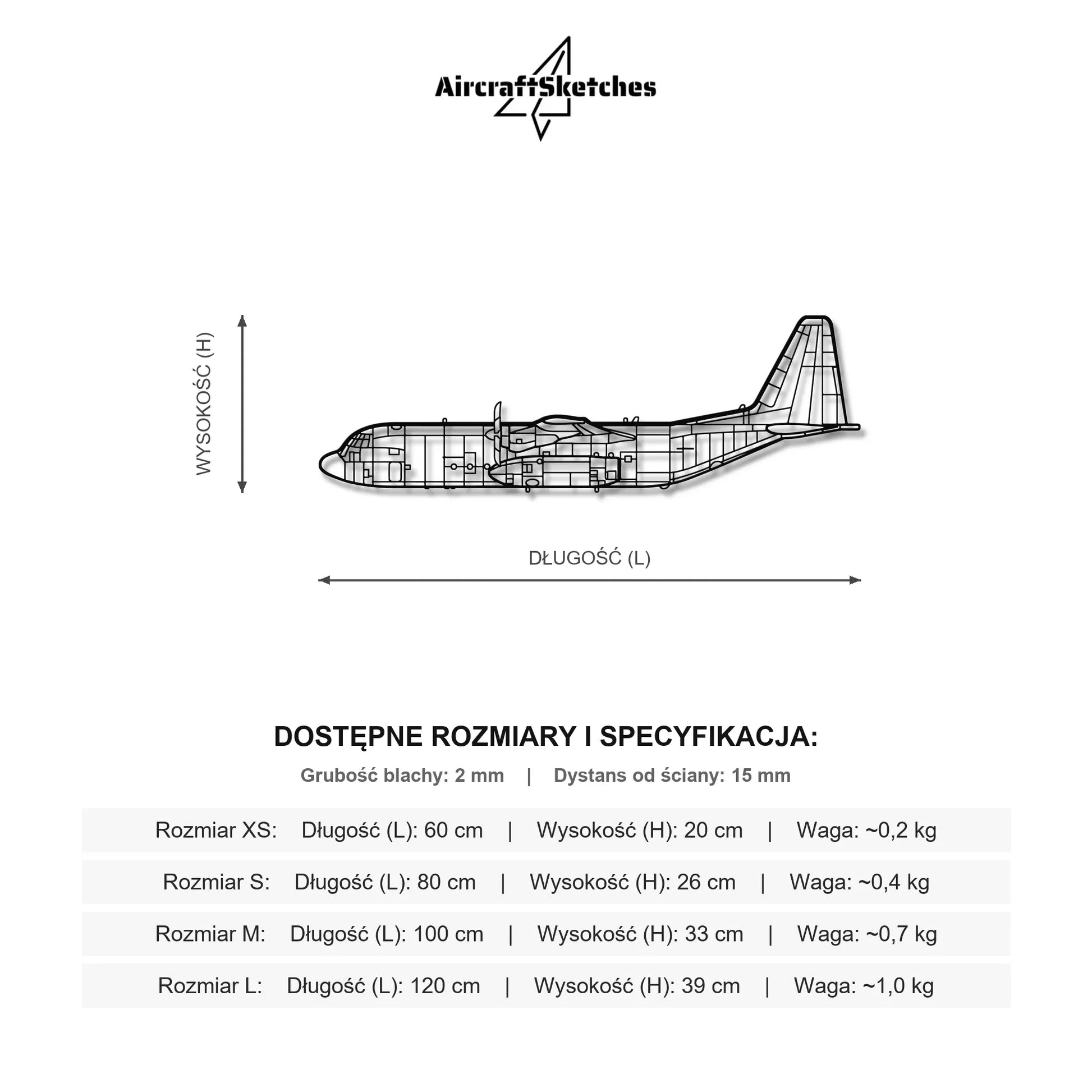 Wymiary i specyfikacja techniczna modelu: C 130 Hercules - Metalowa Sylwetka Ścienna w Widoku Bocznym