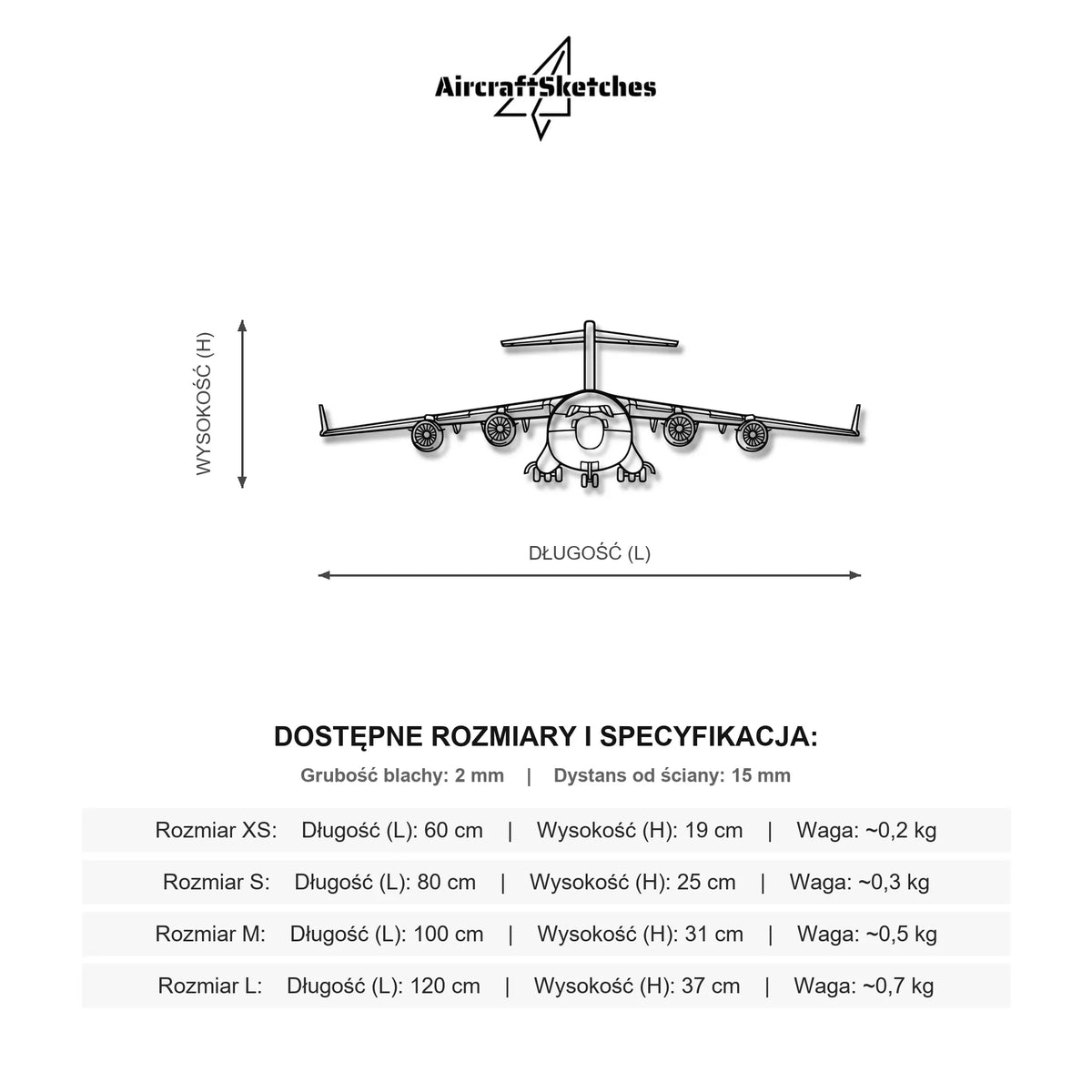 Wymiary i specyfikacja techniczna modelu: Cessna C-17 Globemaster III - Metalowa dekoracja ścienna