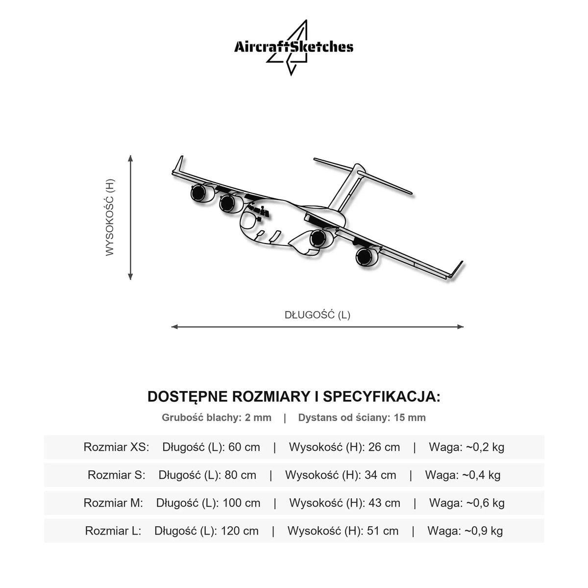 Wymiary i specyfikacja techniczna modelu: C-17 Globemaster - Metalowa dekoracja ścienna