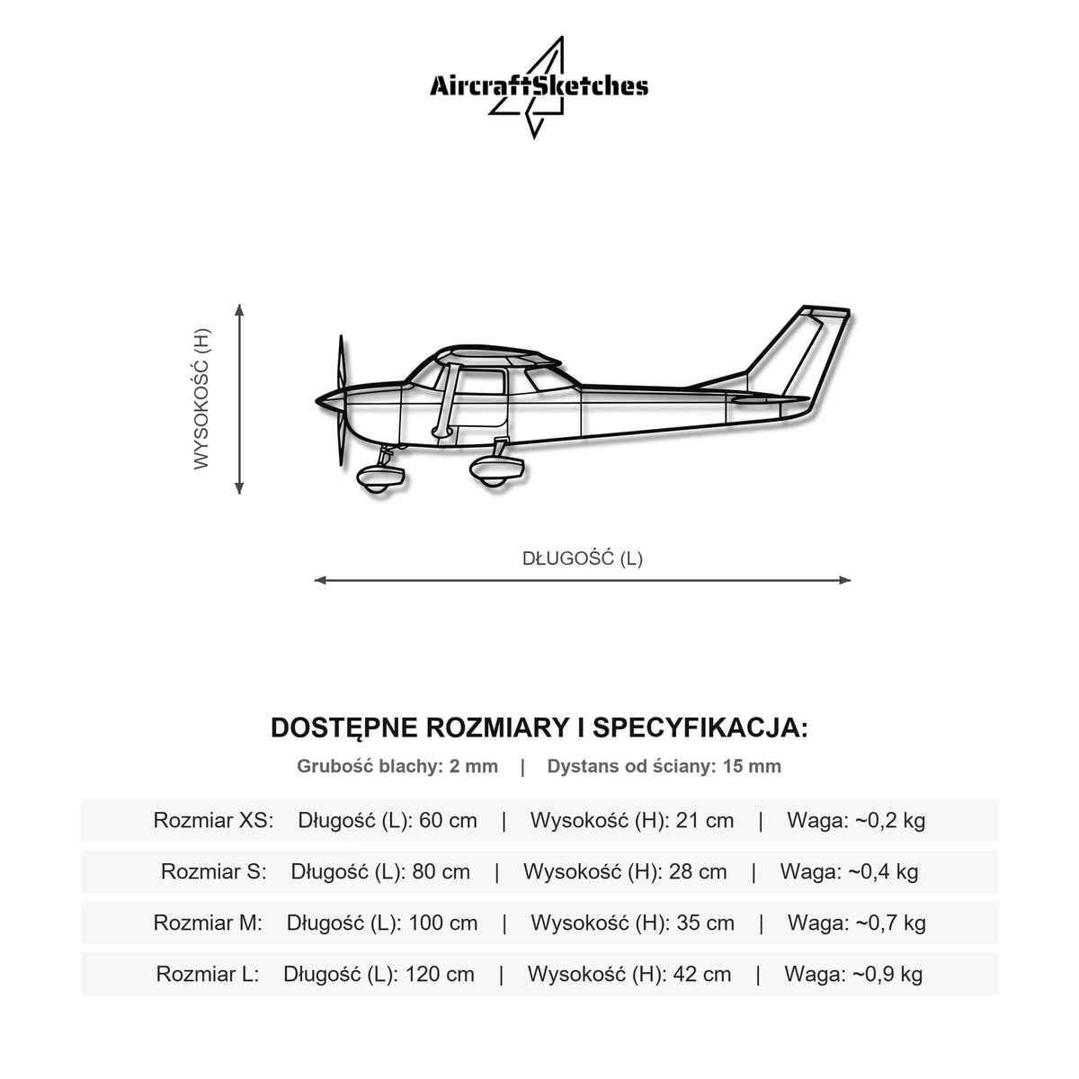 Wymiary i specyfikacja techniczna modelu: Cessna 150 - Metalowa dekoracja ścienna