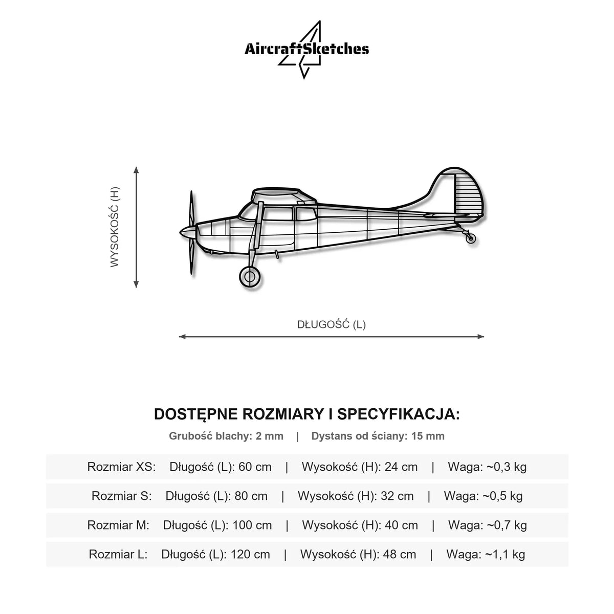 Wymiary i specyfikacja techniczna modelu: Cessna 170B - Metalowa dekoracja ścienna