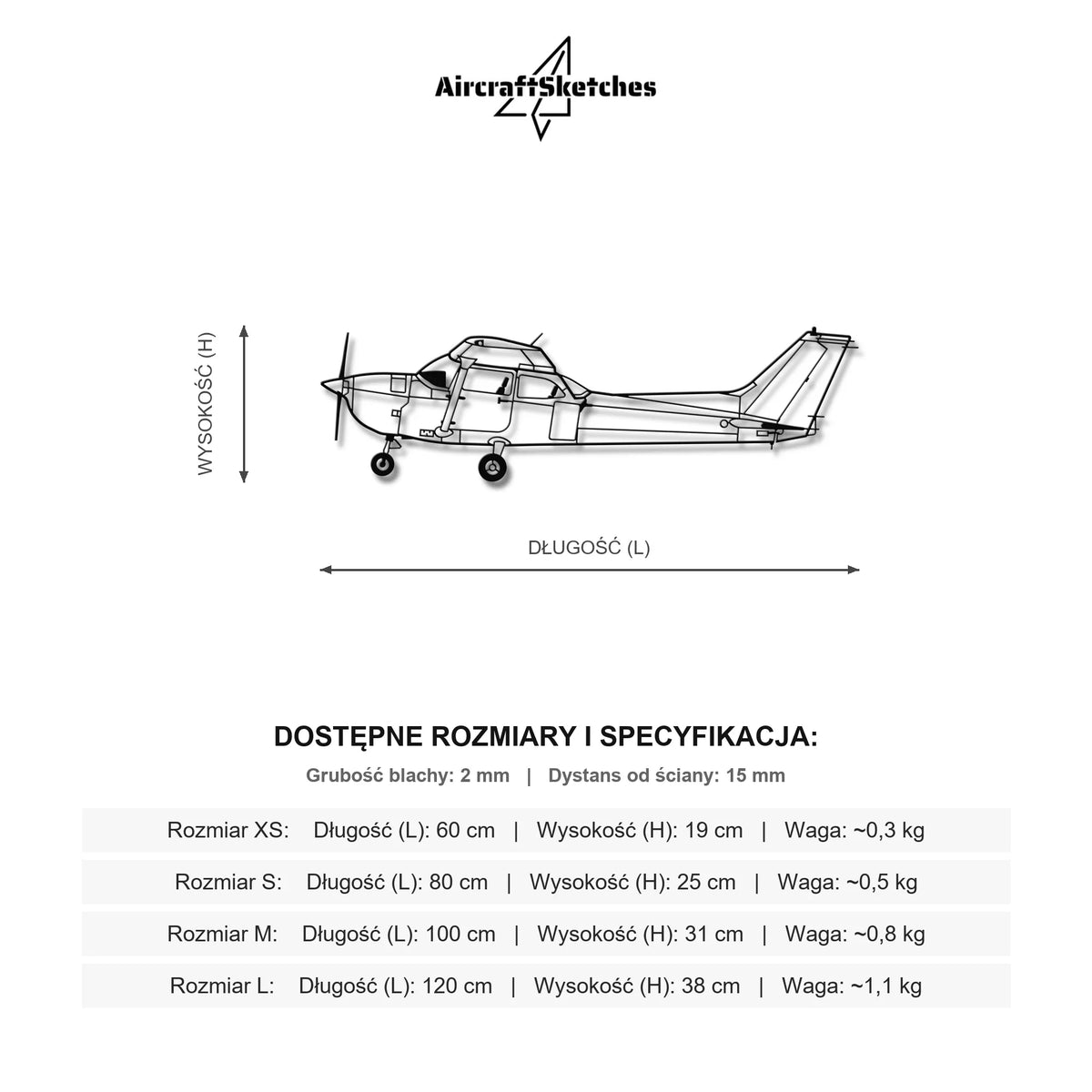 Wymiary i specyfikacja techniczna: Cessna 172 – Metalowa sylwetka na ścianę