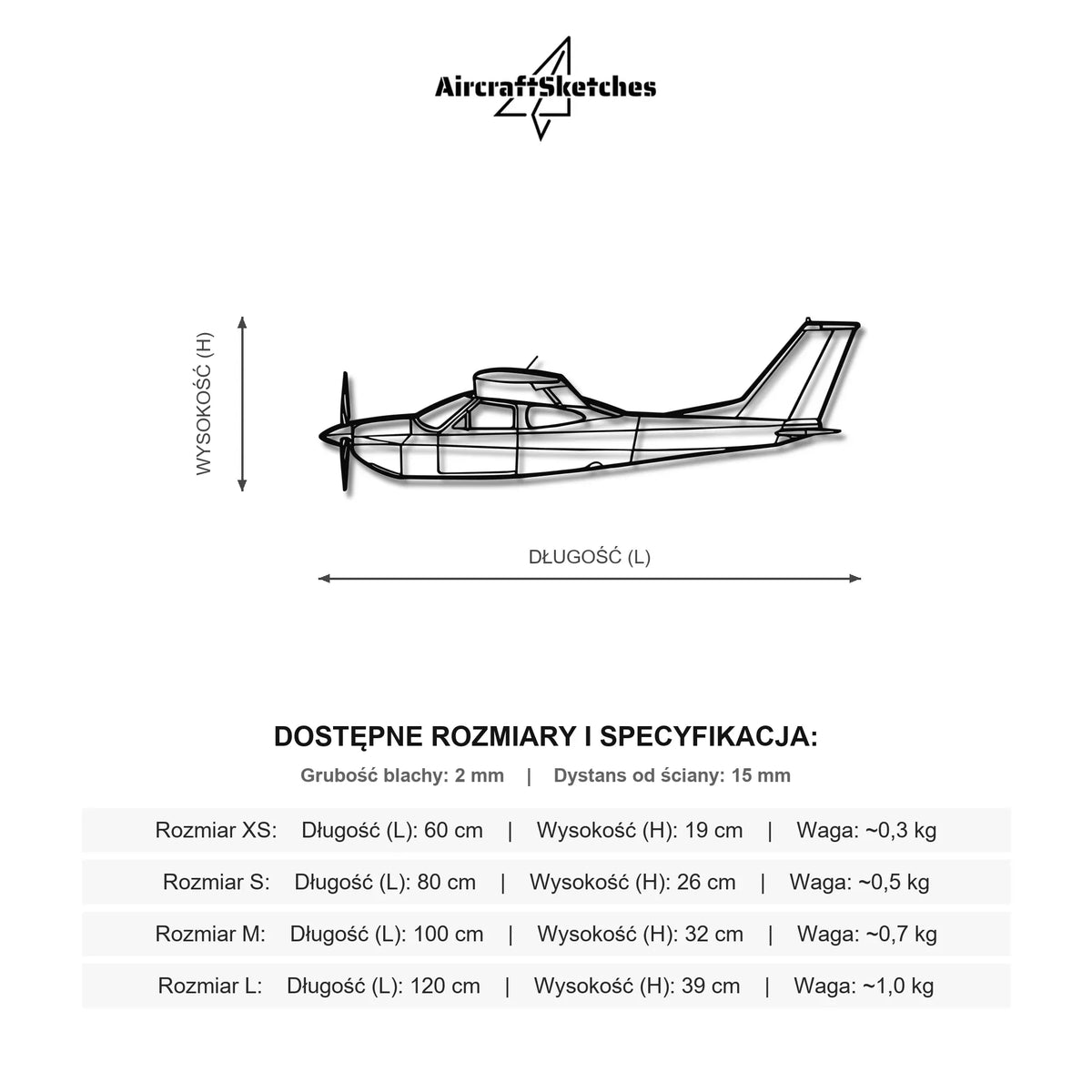 Wymiary i specyfikacja techniczna modelu: Cessna 177RG Cardinal - Metalowa dekoracja ścienna