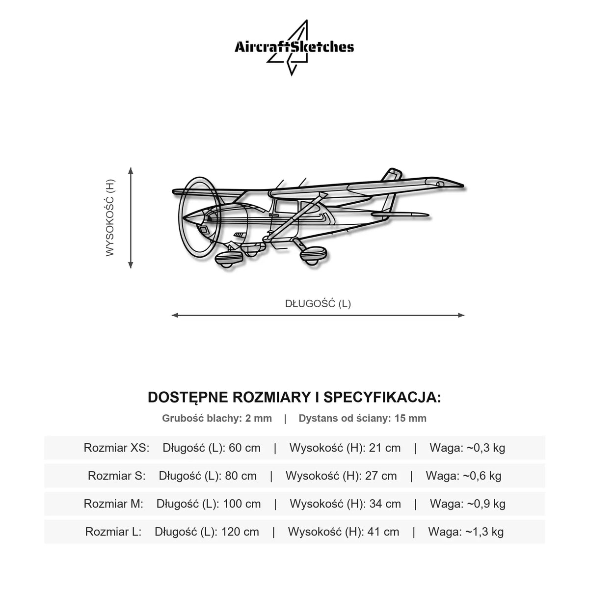 Wymiary i specyfikacja techniczna modelu: Cessna 182 Skylane - Metalowa dekoracja ścienna
