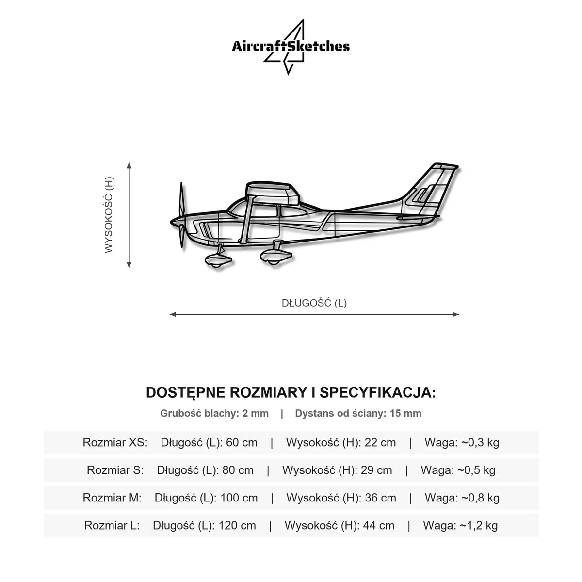 Wymiary i specyfikacja techniczna modelu: Cessna 182 Skylane - Metalowa dekoracja ścienna