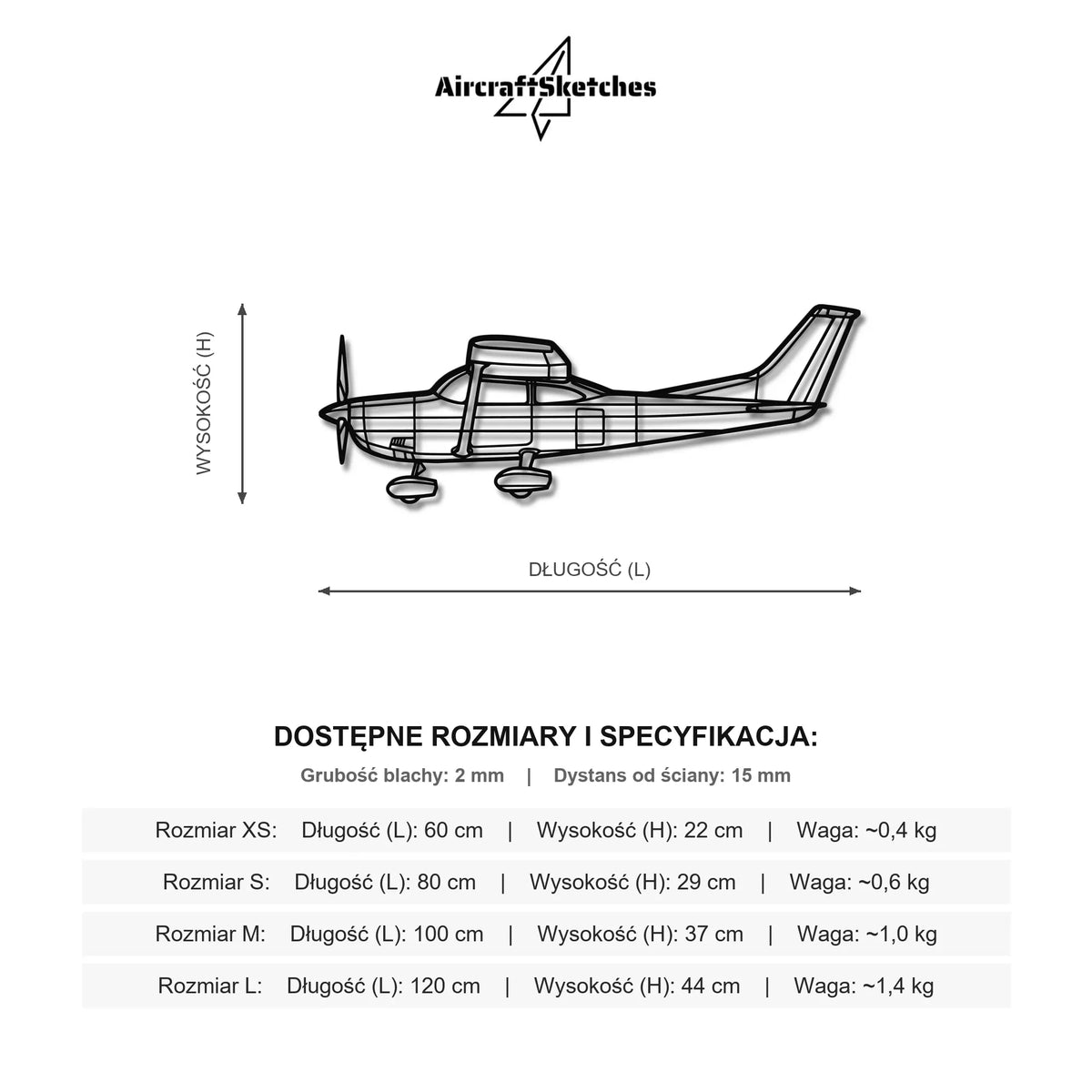 Wymiary i specyfikacja techniczna modelu: Cessna 182P Skylane - Metalowa dekoracja ścienna