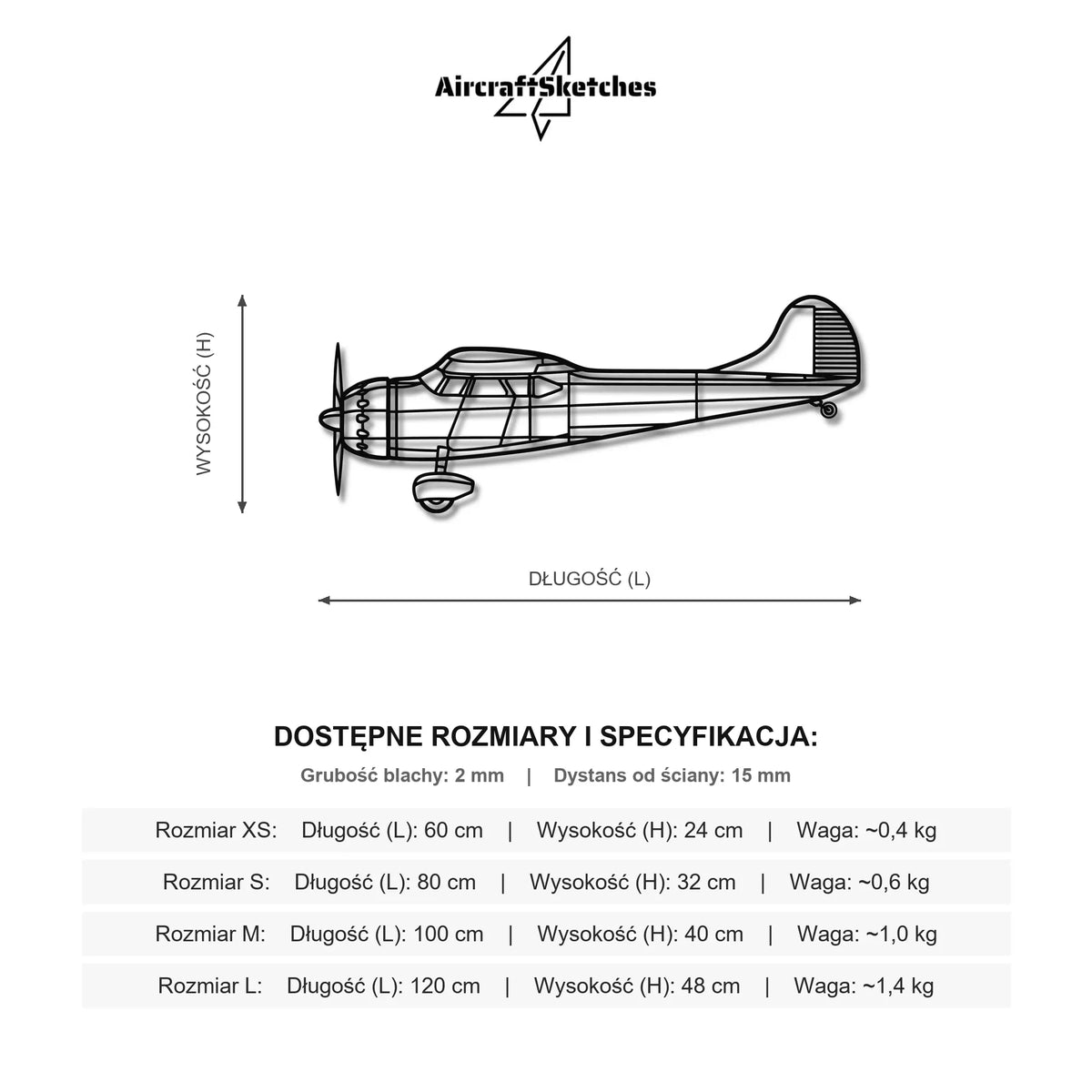 Wymiary i specyfikacja techniczna modelu: Cessna 195 - Metalowa dekoracja ścienna