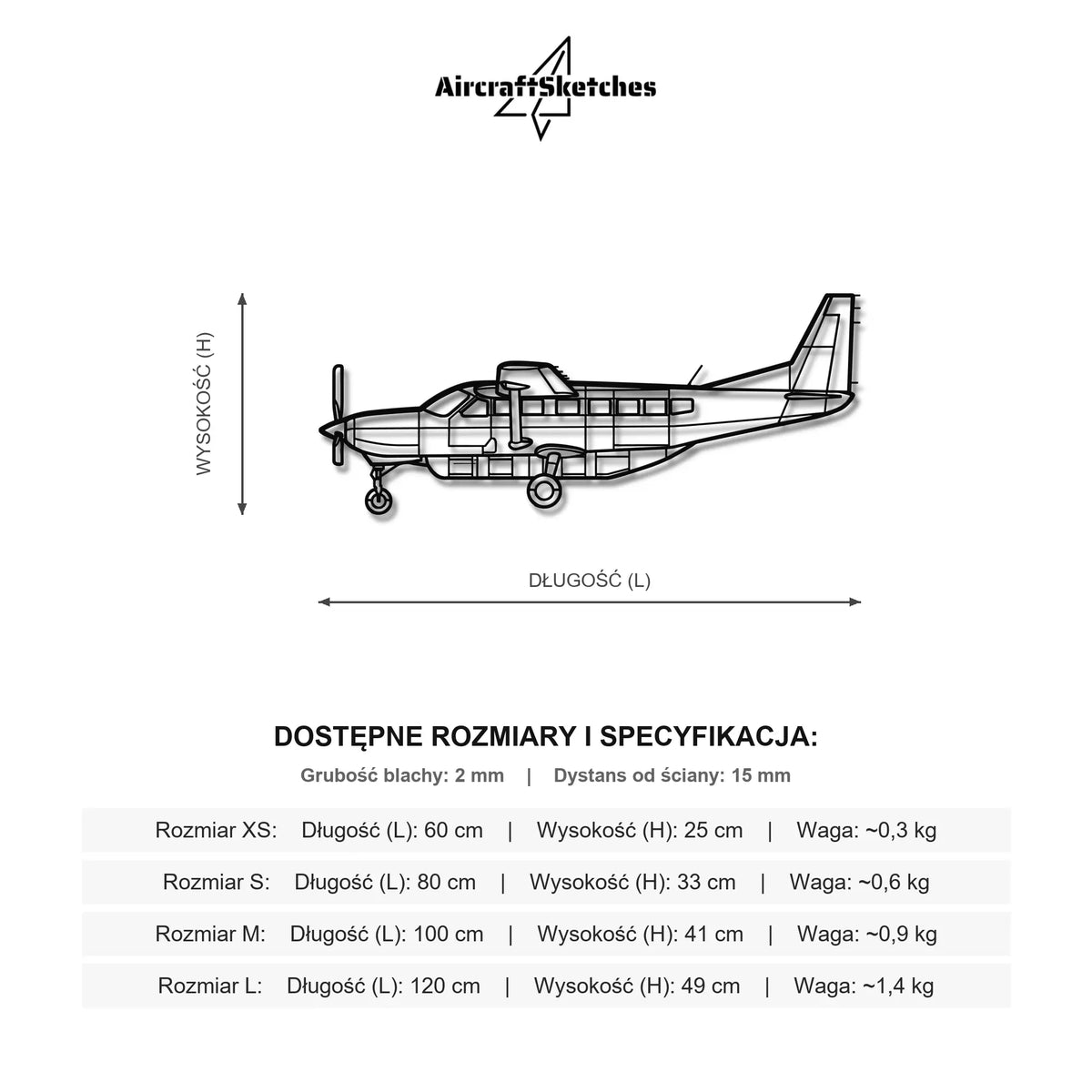Wymiary i specyfikacja techniczna modelu: Cessna 208 Caravan - Metalowa dekoracja ścienna