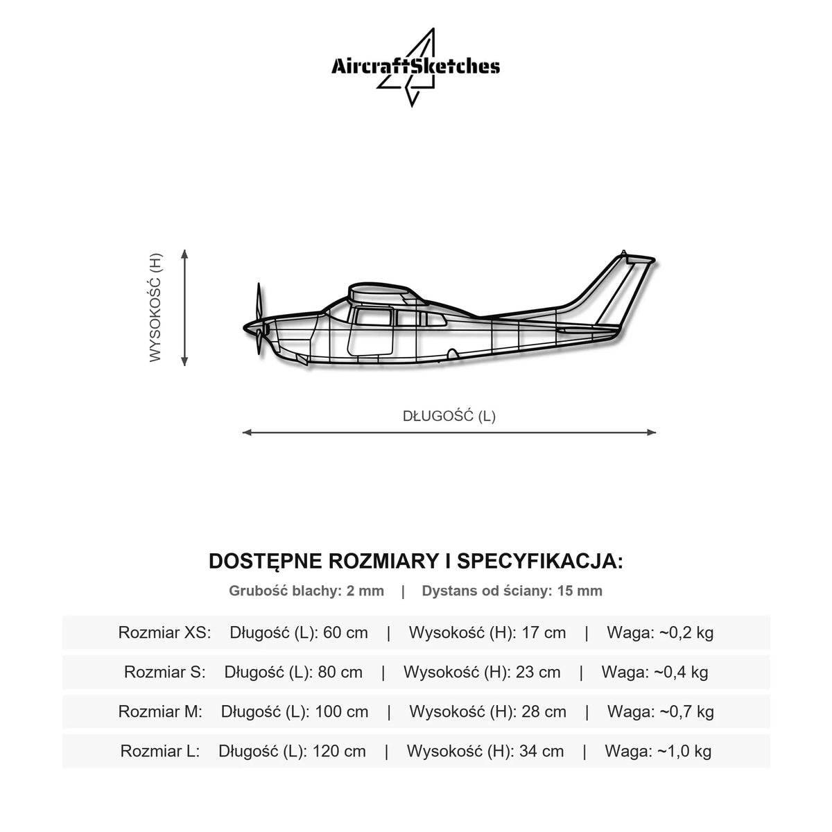 Wymiary i specyfikacja techniczna modelu: Cessna 210 Centurion - Metalowa dekoracja ścienna
