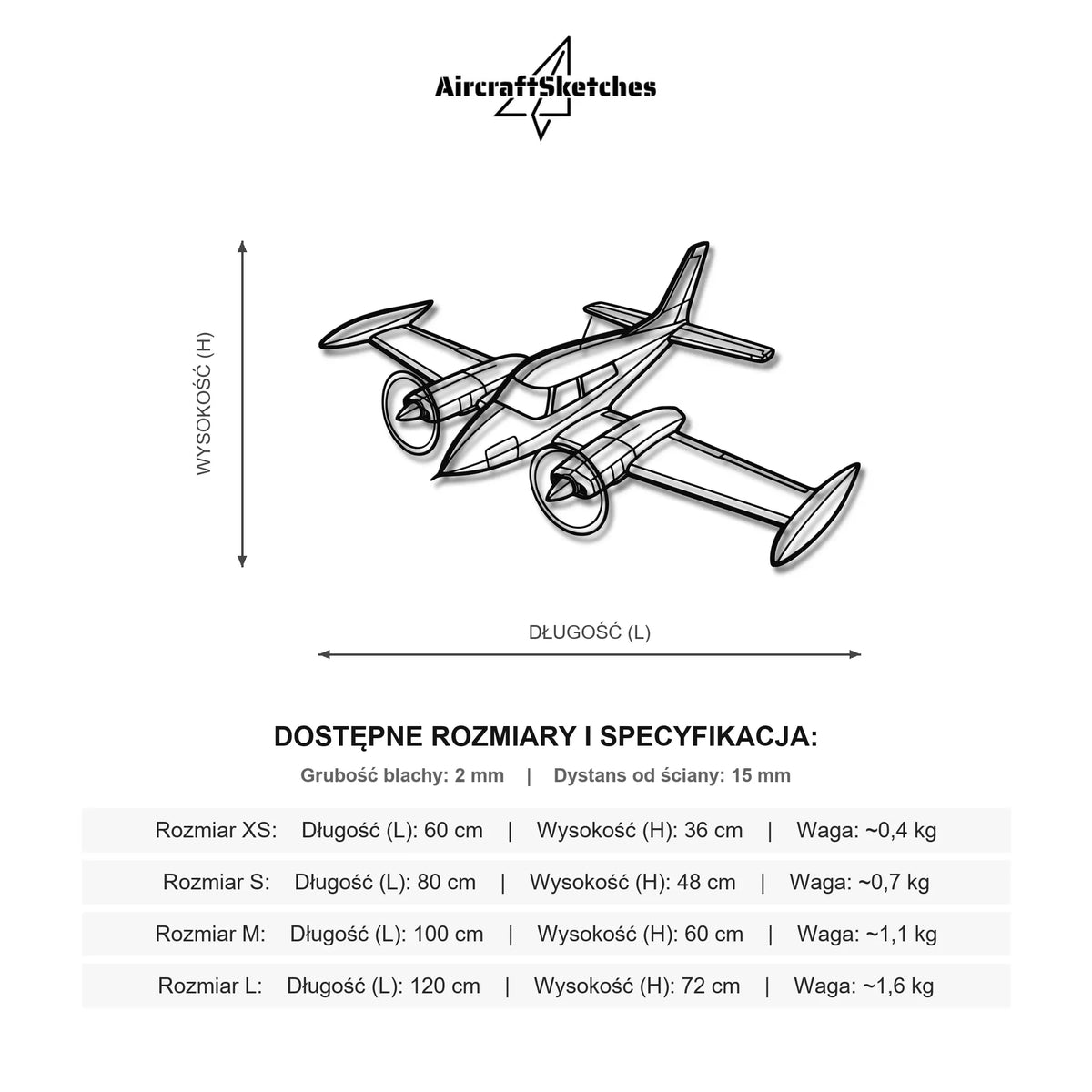Wymiary i specyfikacja techniczna modelu: Cessna 310K - Metalowa dekoracja ścienna