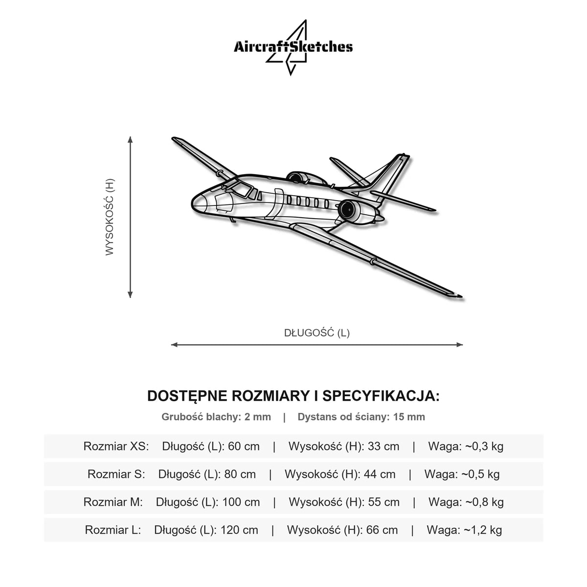 Wymiary i specyfikacja techniczna modelu: Cessna 560XL Citation Excel - Metalowa dekoracja ścienna