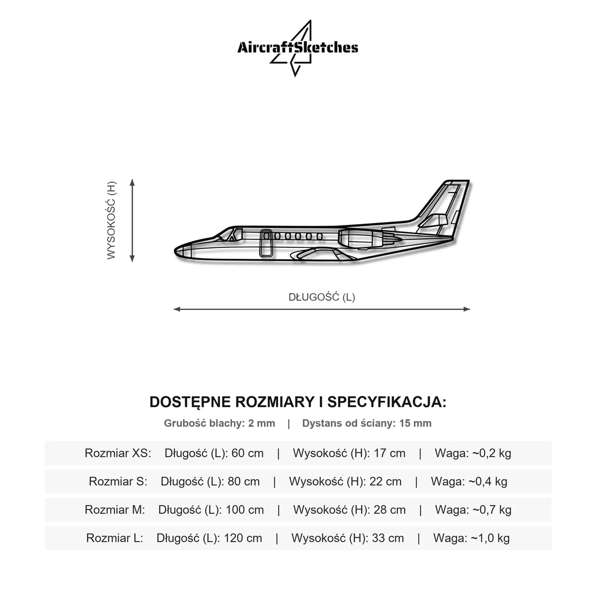 Wymiary i specyfikacja techniczna modelu: Cessna Citation II - Metalowa dekoracja ścienna