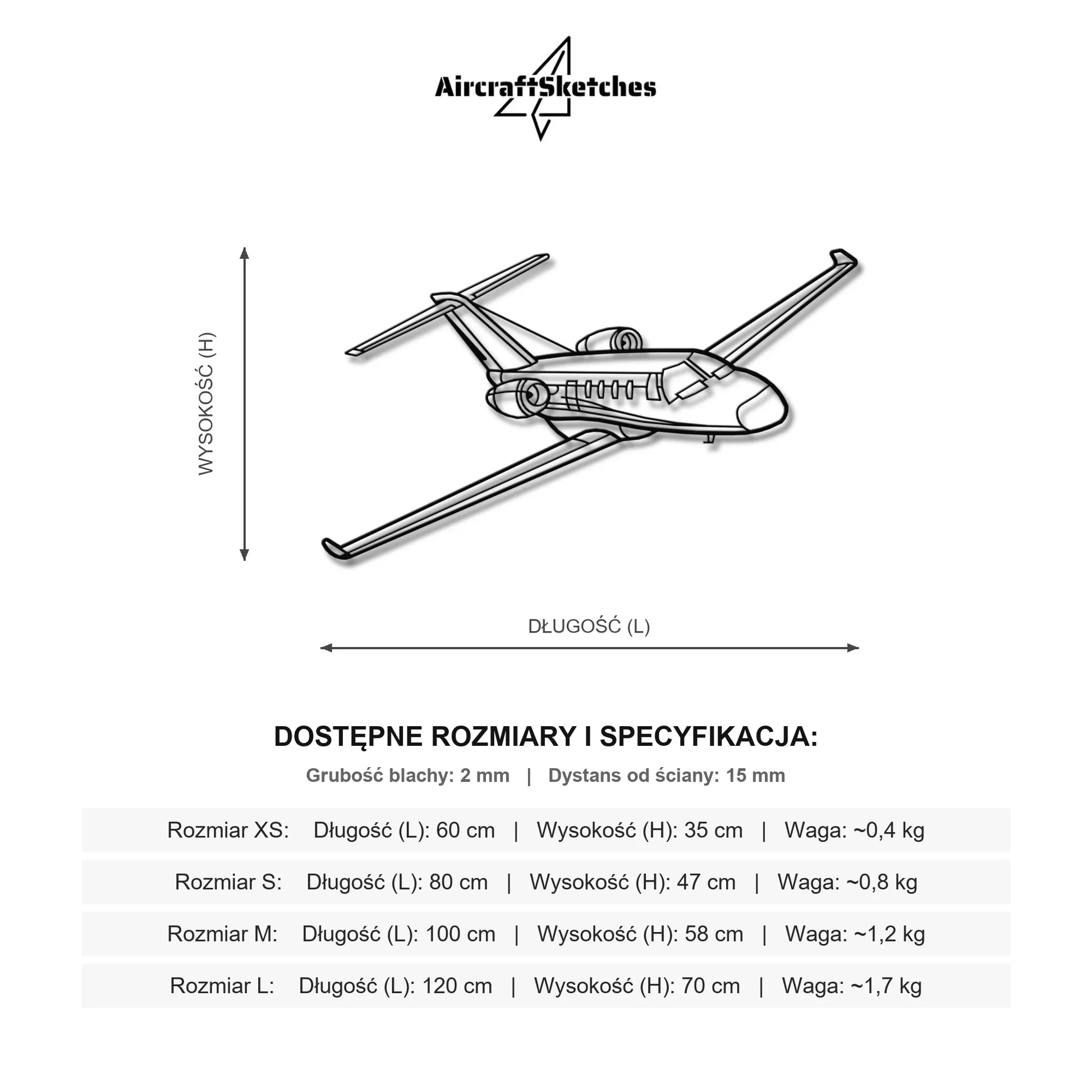 Wymiary i specyfikacja techniczna: Cessna Citation M2 – Metalowa sylwetka na ścianę