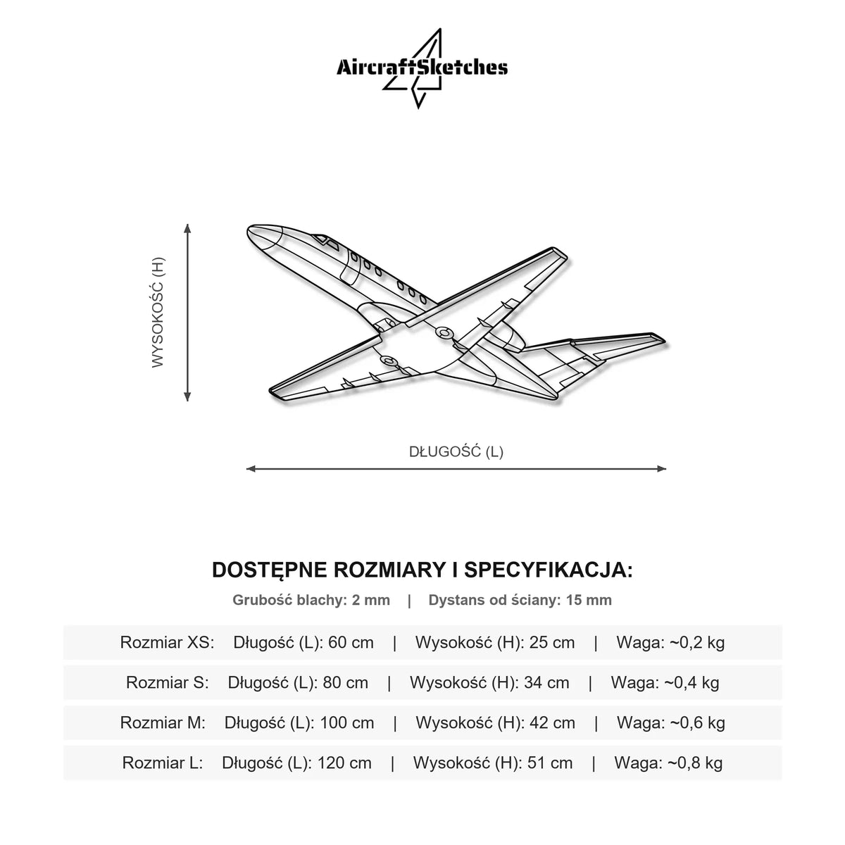 Wymiary i specyfikacja techniczna modelu: Cessna CJ3 - Metalowa dekoracja ścienna