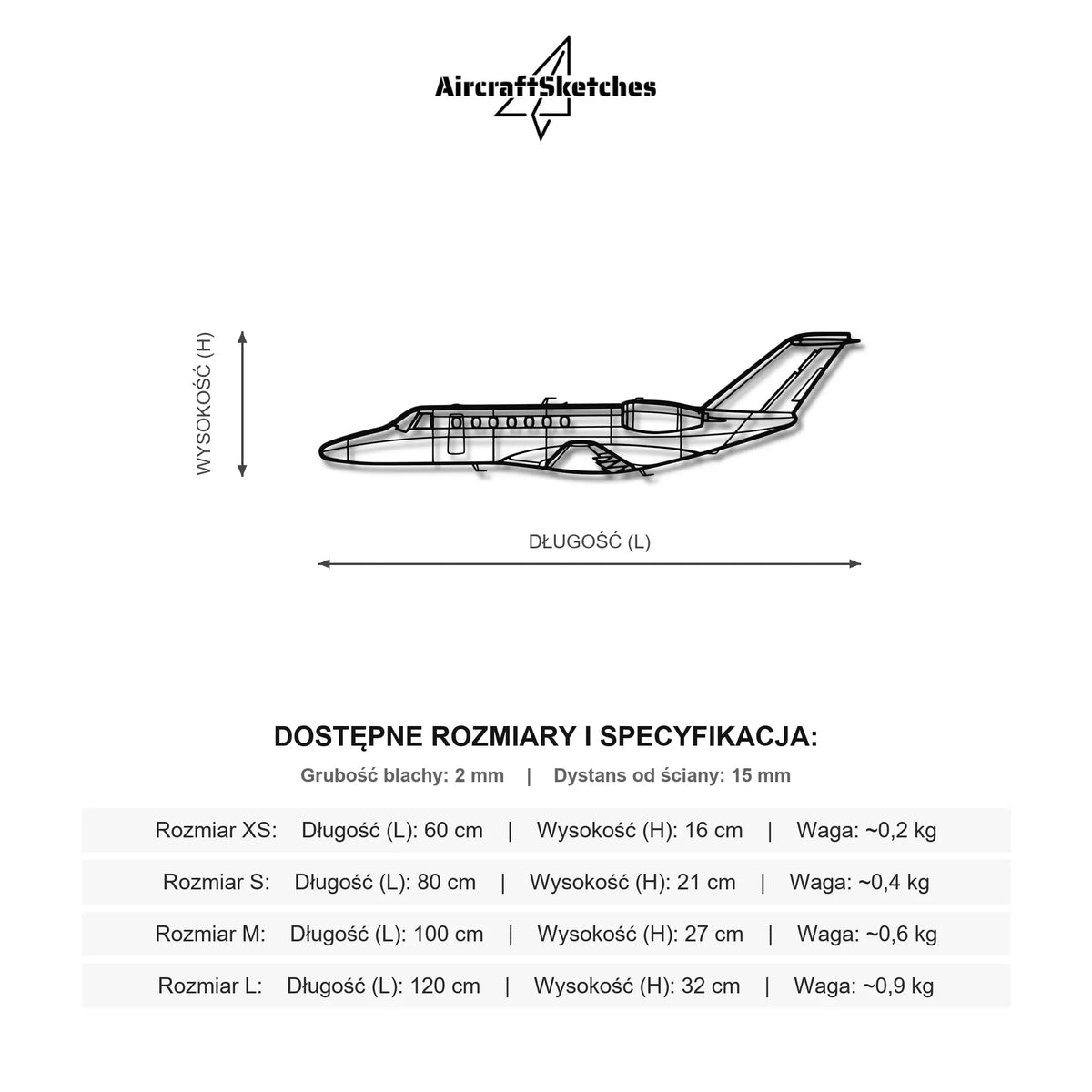 Wymiary i specyfikacja techniczna modelu: Cessna CJ3 - Metalowa dekoracja ścienna