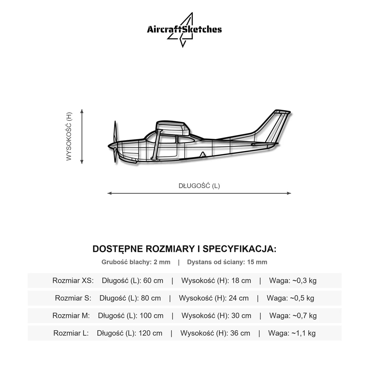 Wymiary i specyfikacja techniczna modelu: Cessna R182 - Metalowa dekoracja ścienna