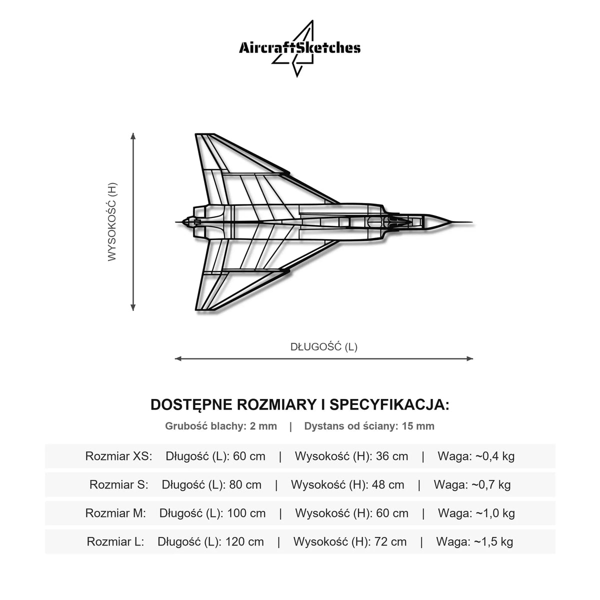 Wymiary i specyfikacja techniczna modelu: Canadair CF-105 Arrow - Metalowa dekoracja ścienna