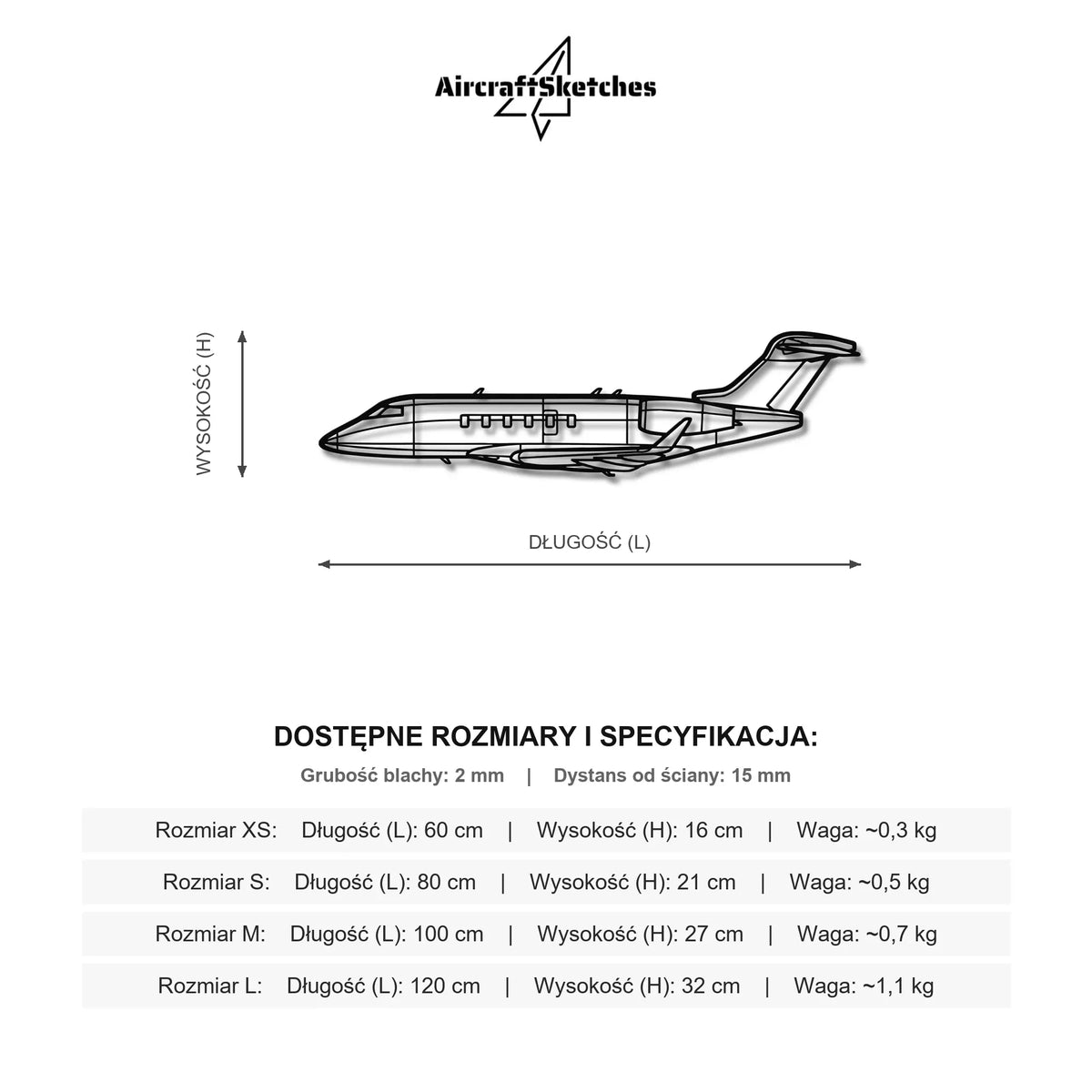 Wymiary i specyfikacja techniczna modelu: Challenger 350 - Metalowa dekoracja ścienna