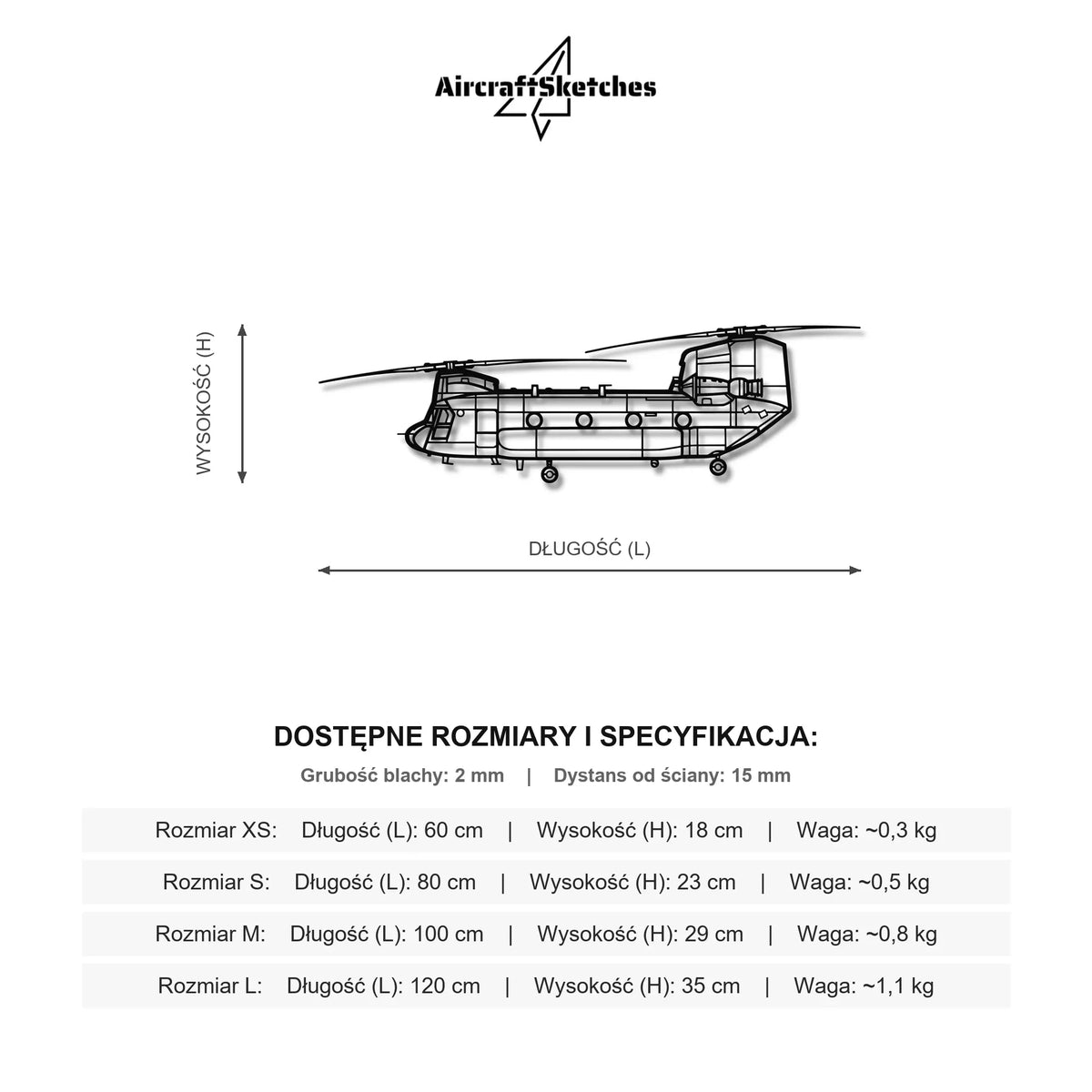Wymiary i specyfikacja techniczna modelu: Boeing CH-47 Chinook - Metalowa dekoracja ścienna