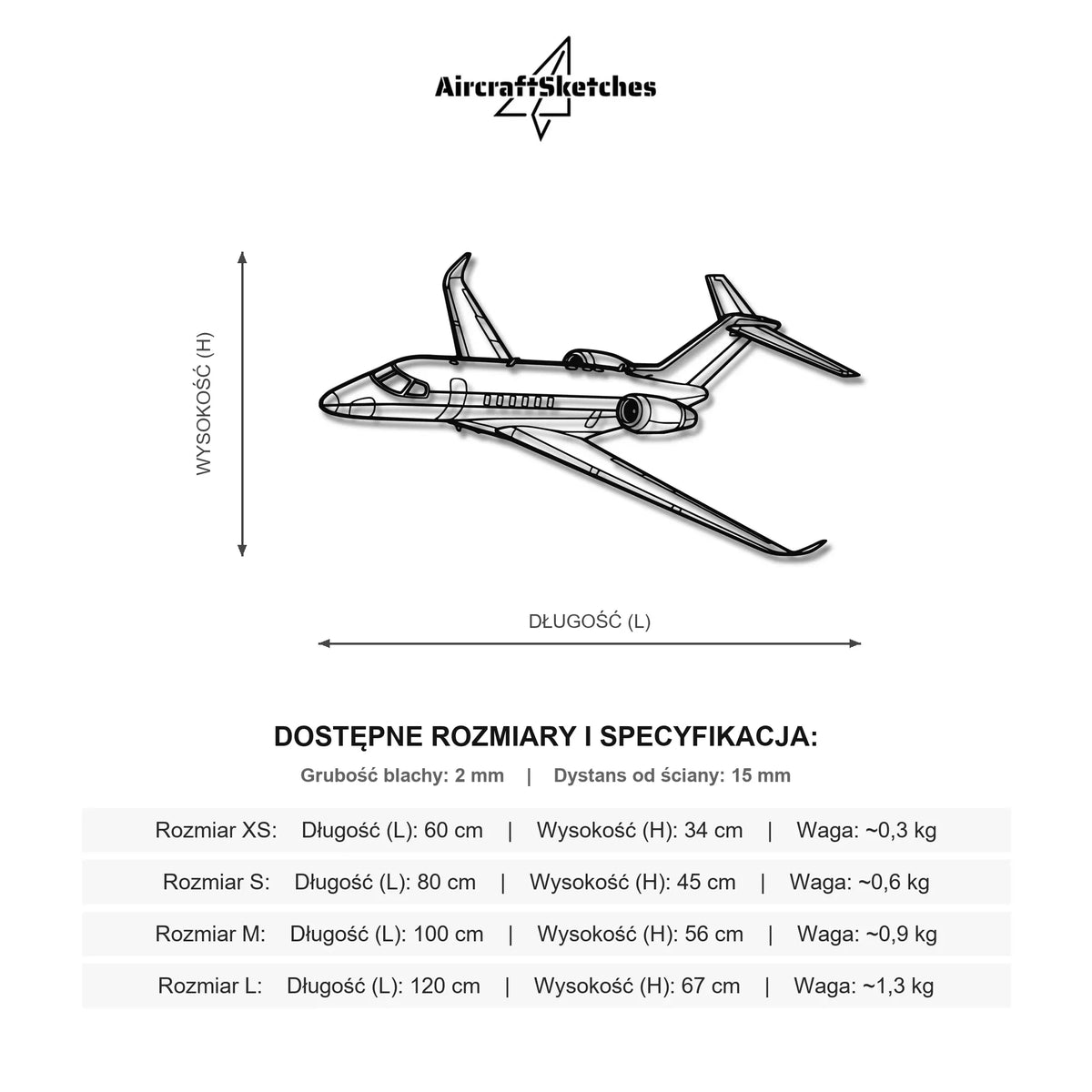 Wymiary i specyfikacja techniczna modelu: Cessna Citation Longitude - Metalowa dekoracja ścienna