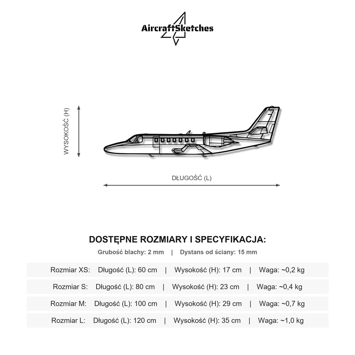 Wymiary i specyfikacja techniczna modelu: Cessna Citation V - Metalowa dekoracja ścienna