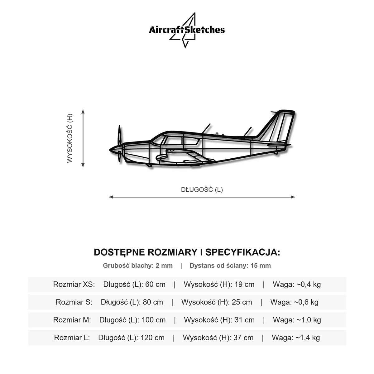 Wymiary i specyfikacja techniczna modelu: Piper Comanche 250 - Metalowa dekoracja ścienna