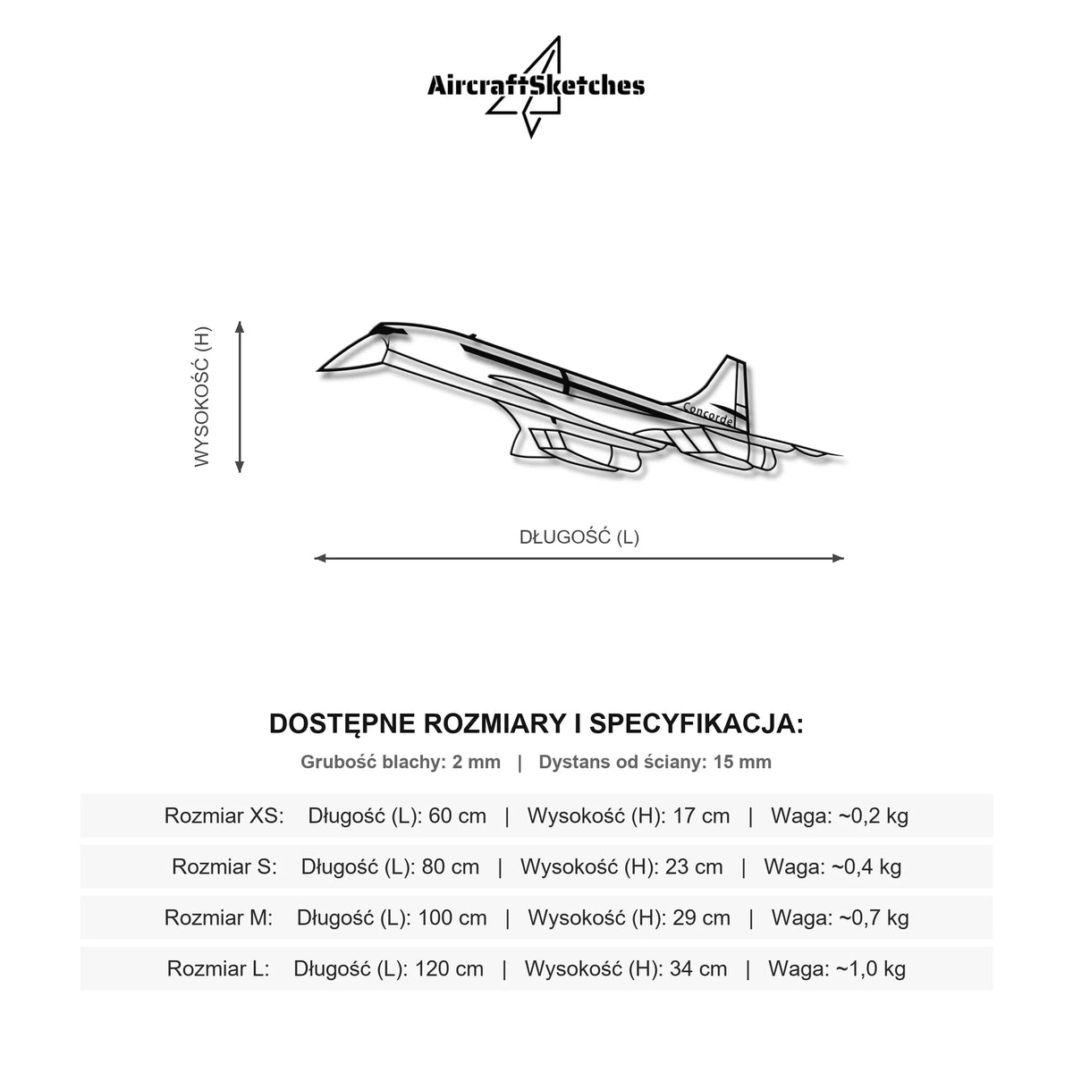Wymiary i specyfikacja techniczna: Concord – Metalowa sylwetka na ścianę
