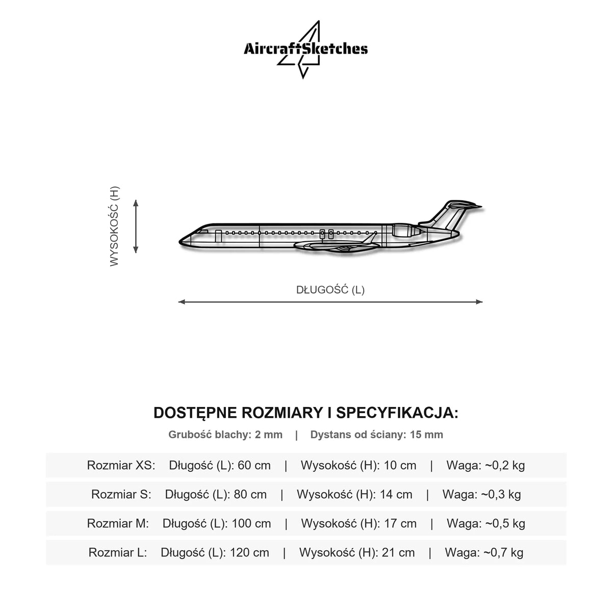 Wymiary i specyfikacja techniczna modelu: Bombardier CRJ 900 - Metalowa dekoracja ścienna