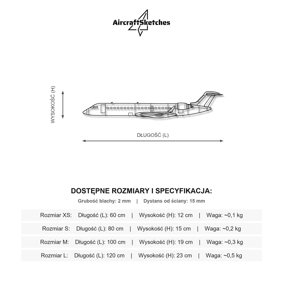 Wymiary i specyfikacja techniczna modelu: Bombardier CRJ700 - Metalowa dekoracja ścienna