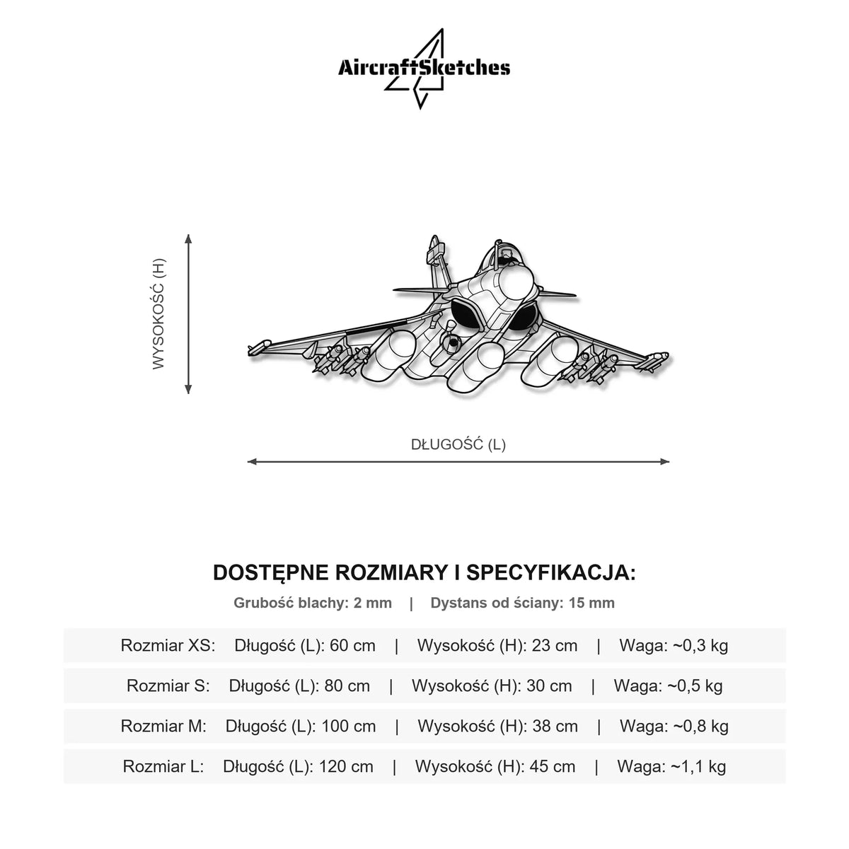 Wymiary i specyfikacja techniczna modelu: Dassault Rafale - Metalowa dekoracja ścienna