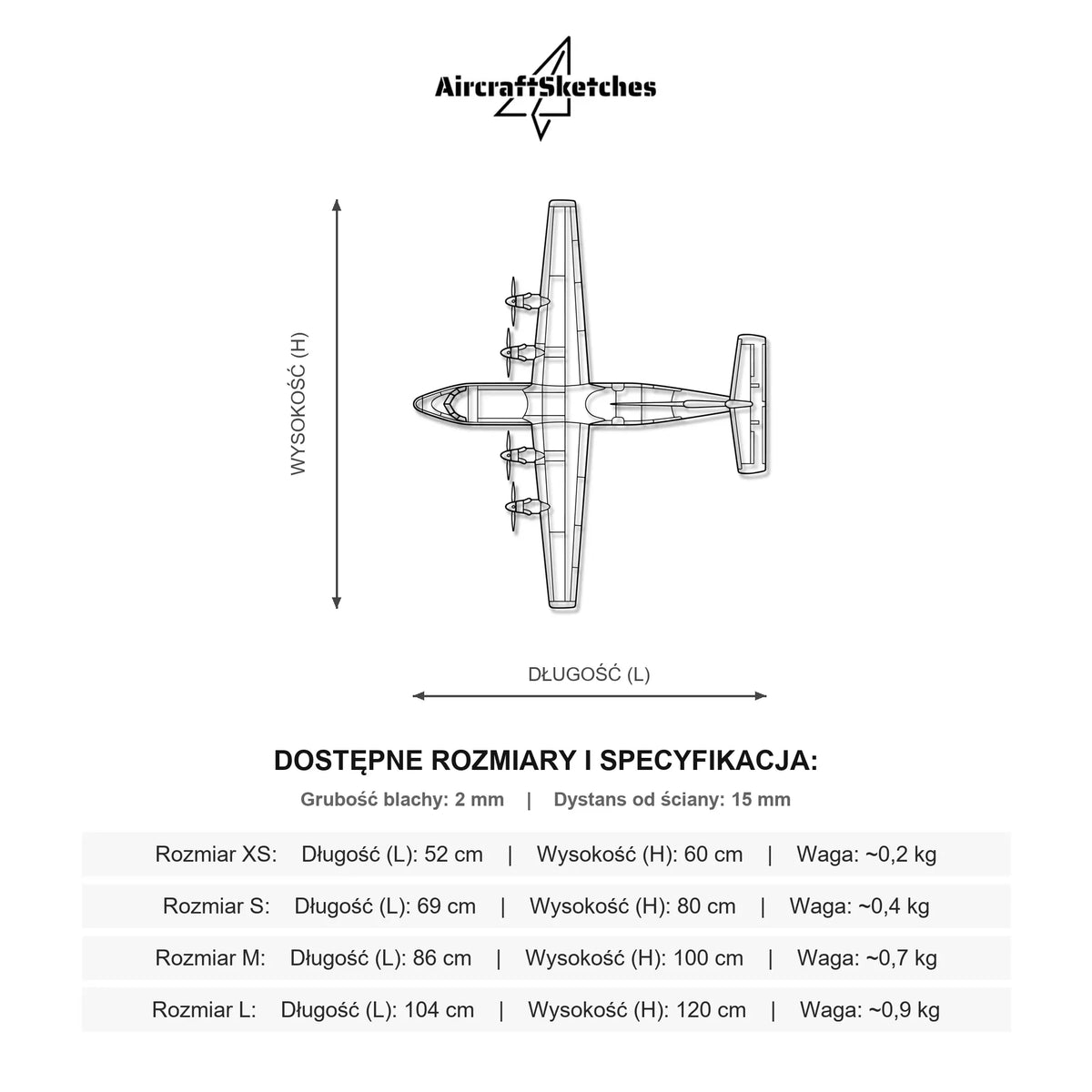 Wymiary i specyfikacja techniczna modelu: De Havilland Canada Dash 7 - Metalowa dekoracja ścienna