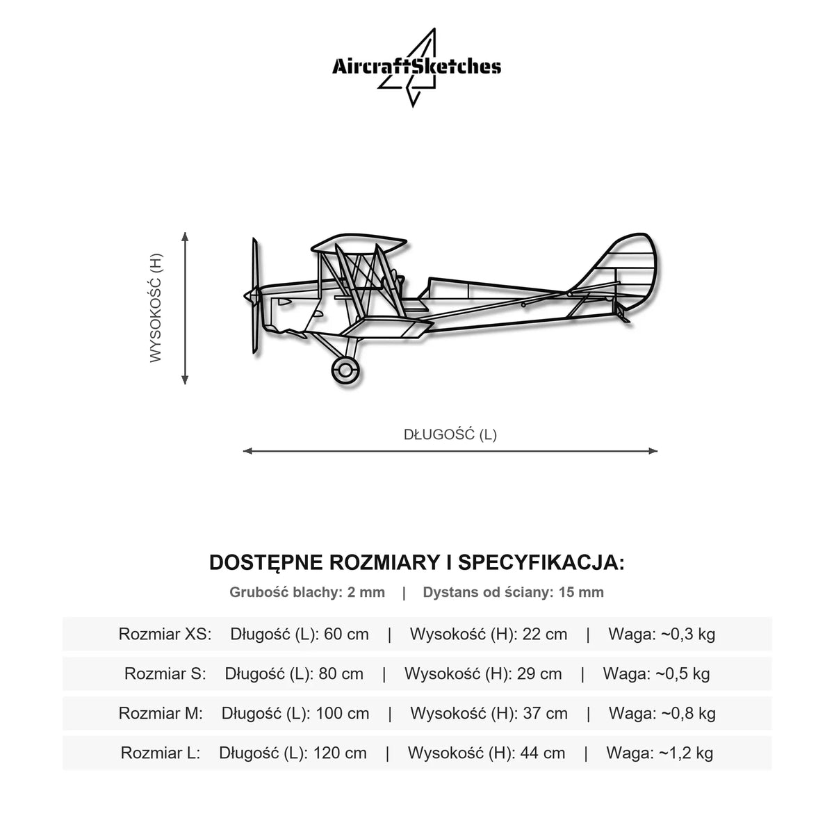 Wymiary i specyfikacja techniczna modelu: De Havilland DH 82 Tiger Moth - Metalowa dekoracja ścienna