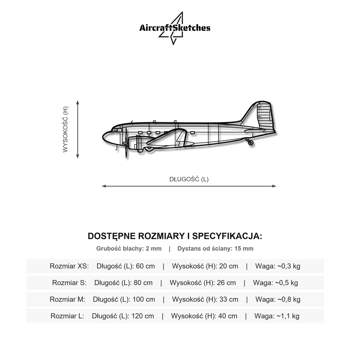 Wymiary i specyfikacja techniczna modelu: Douglas DC-3 - Metalowa dekoracja ścienna