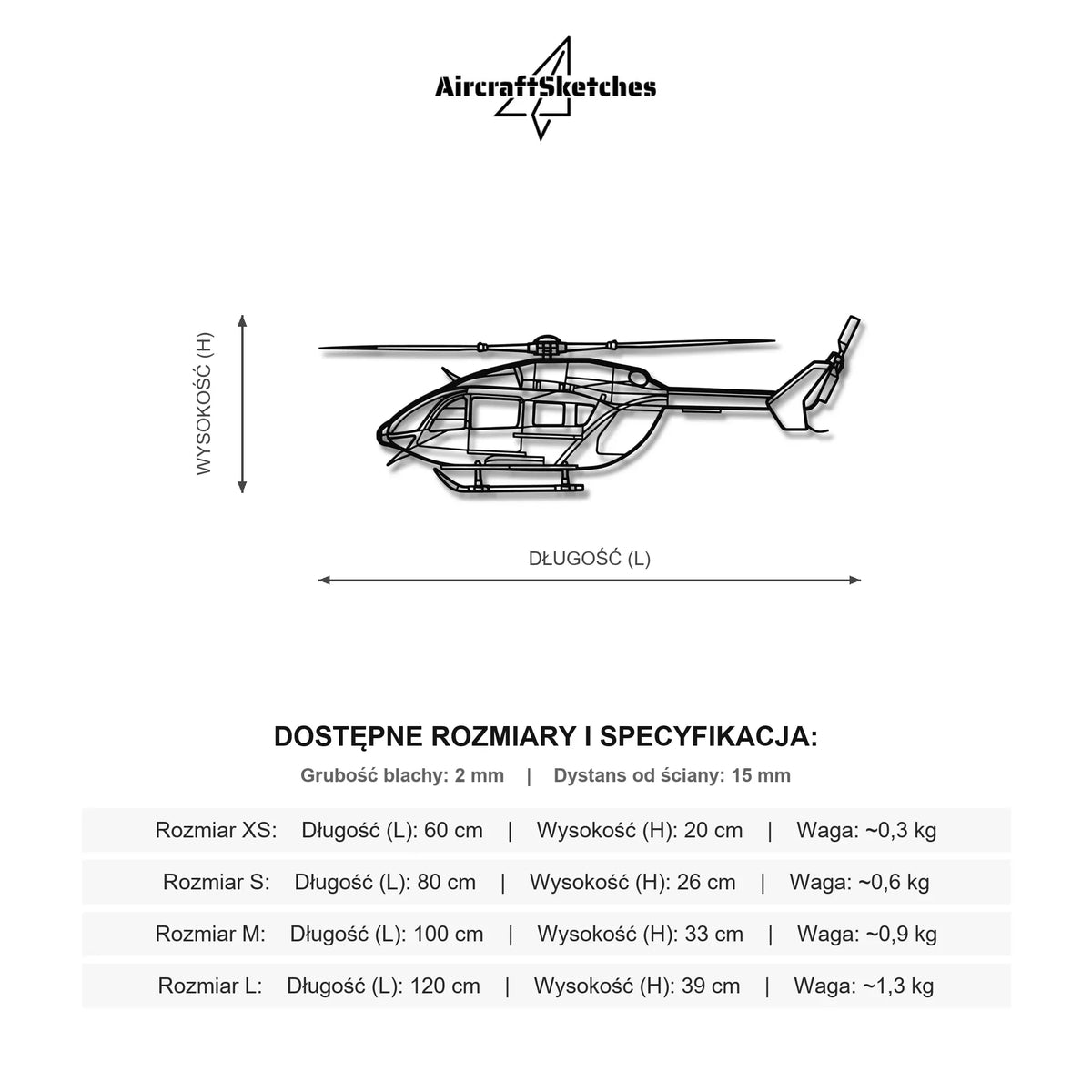 Wymiary i specyfikacja techniczna modelu: Airbus EC 145 - Metalowa dekoracja ścienna