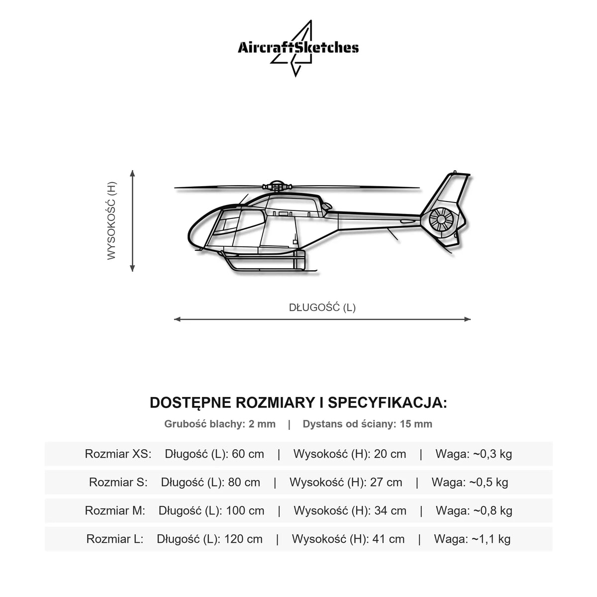 Wymiary i specyfikacja techniczna modelu: Eurocopter EC120 Colibri - Metalowa dekoracja ścienna