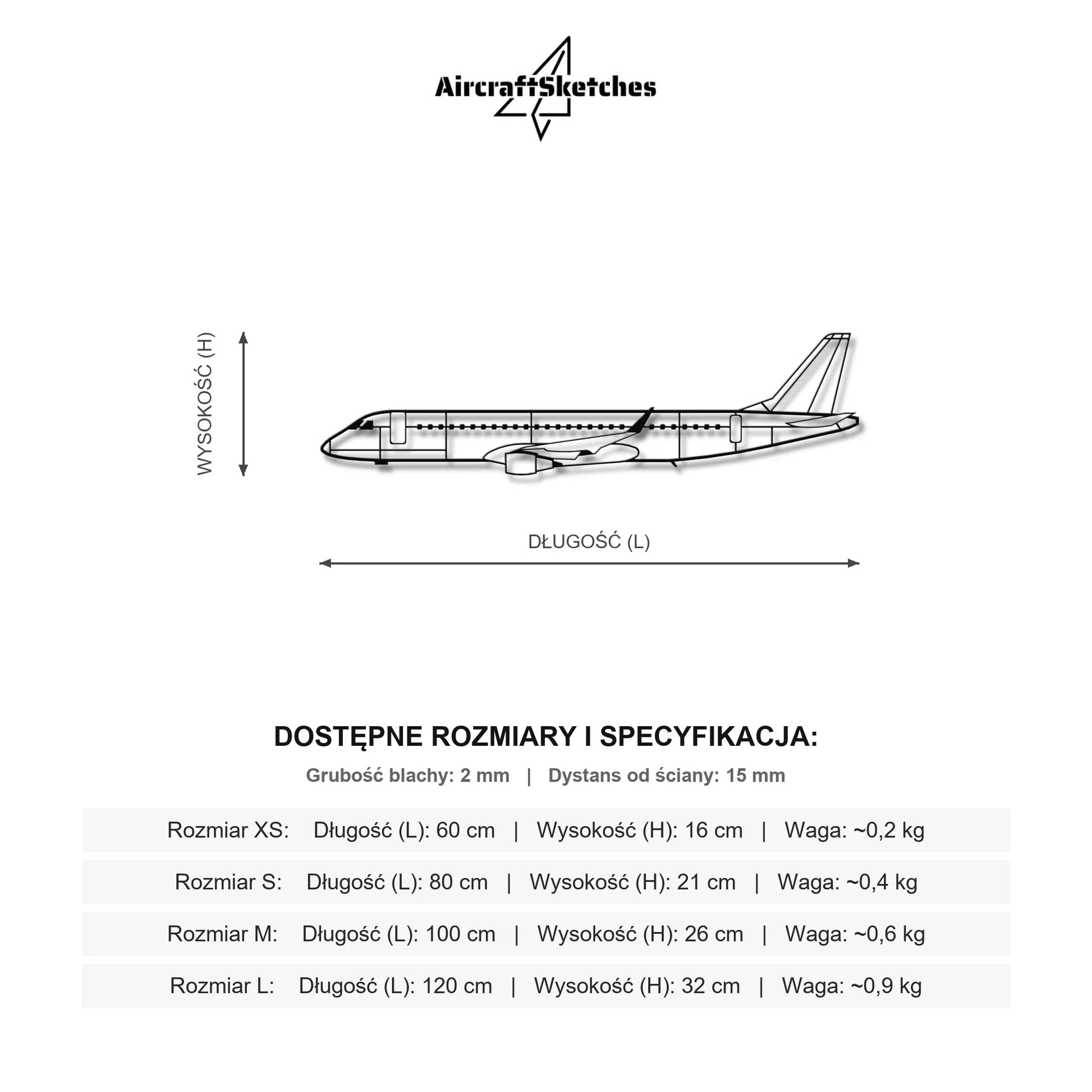 Wymiary i specyfikacja techniczna: Embraer 190 – Metalowa sylwetka na ścianę