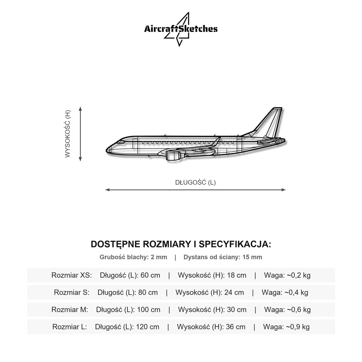 Wymiary i specyfikacja techniczna modelu: Embraer E175 - Metalowa dekoracja ścienna