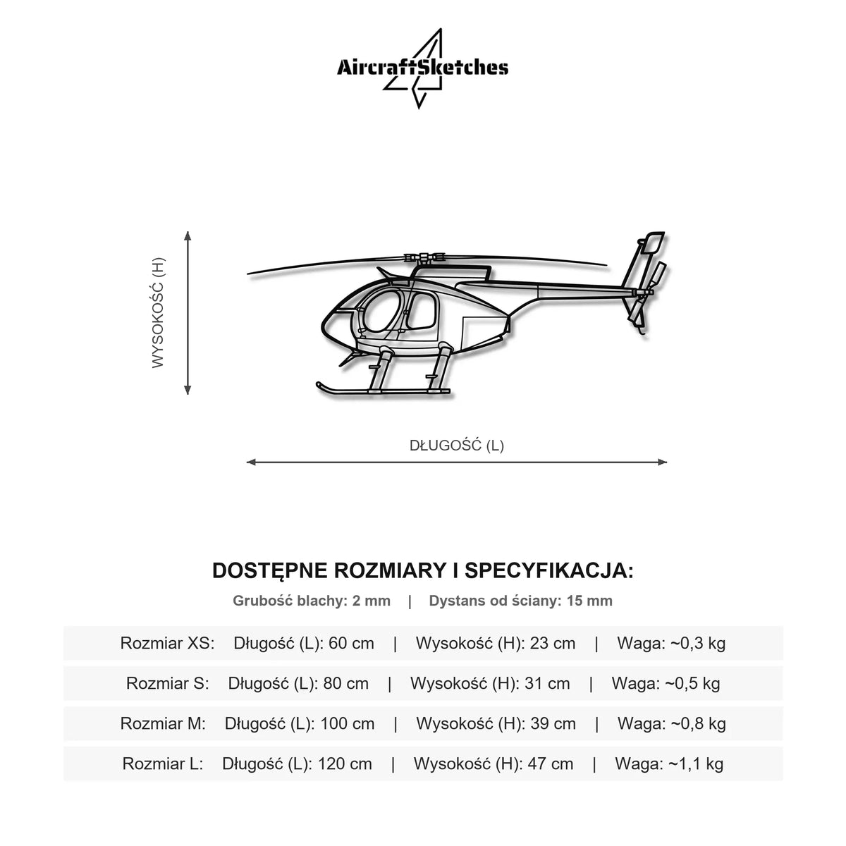 Wymiary i specyfikacja techniczna modelu: Eurocopter EC130 - Metalowa dekoracja ścienna
