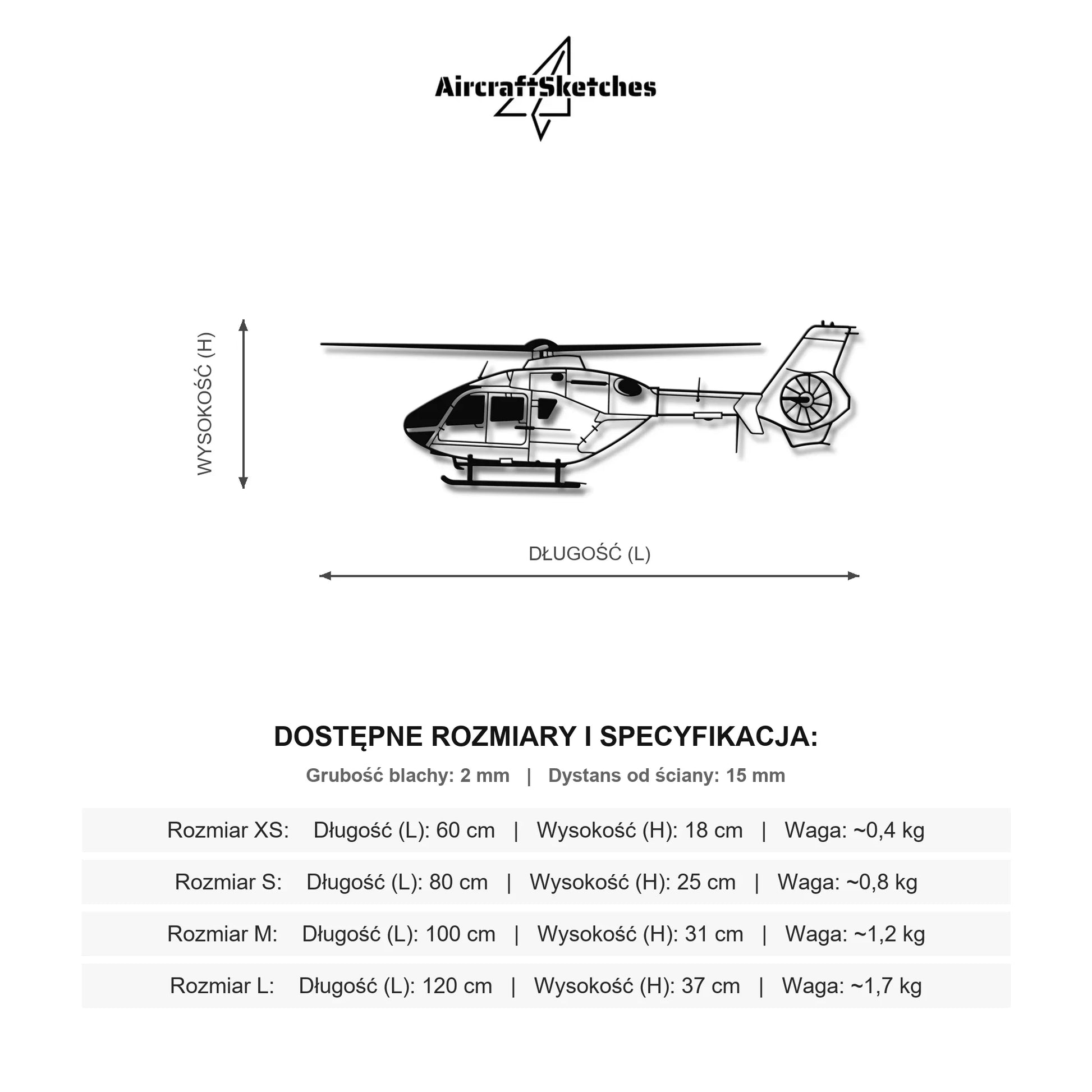 Wymiary i specyfikacja techniczna: Eurocopter EC135 – Metalowa sylwetka na ścianę