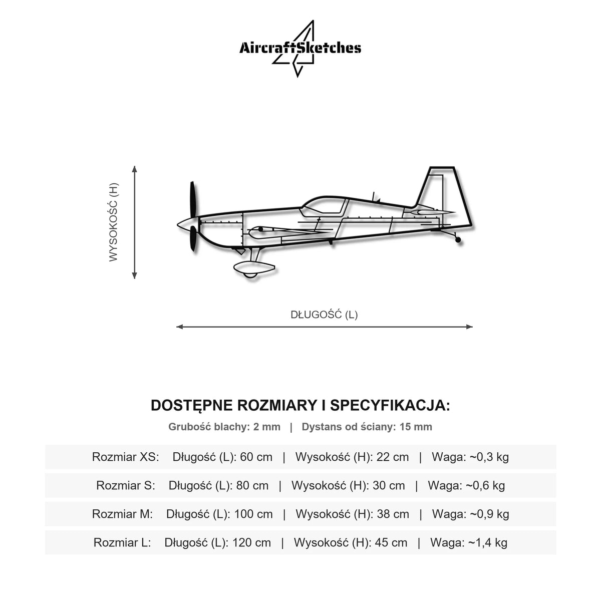 Wymiary i specyfikacja techniczna: Extra 330sc – Metalowa sylwetka na ścianę