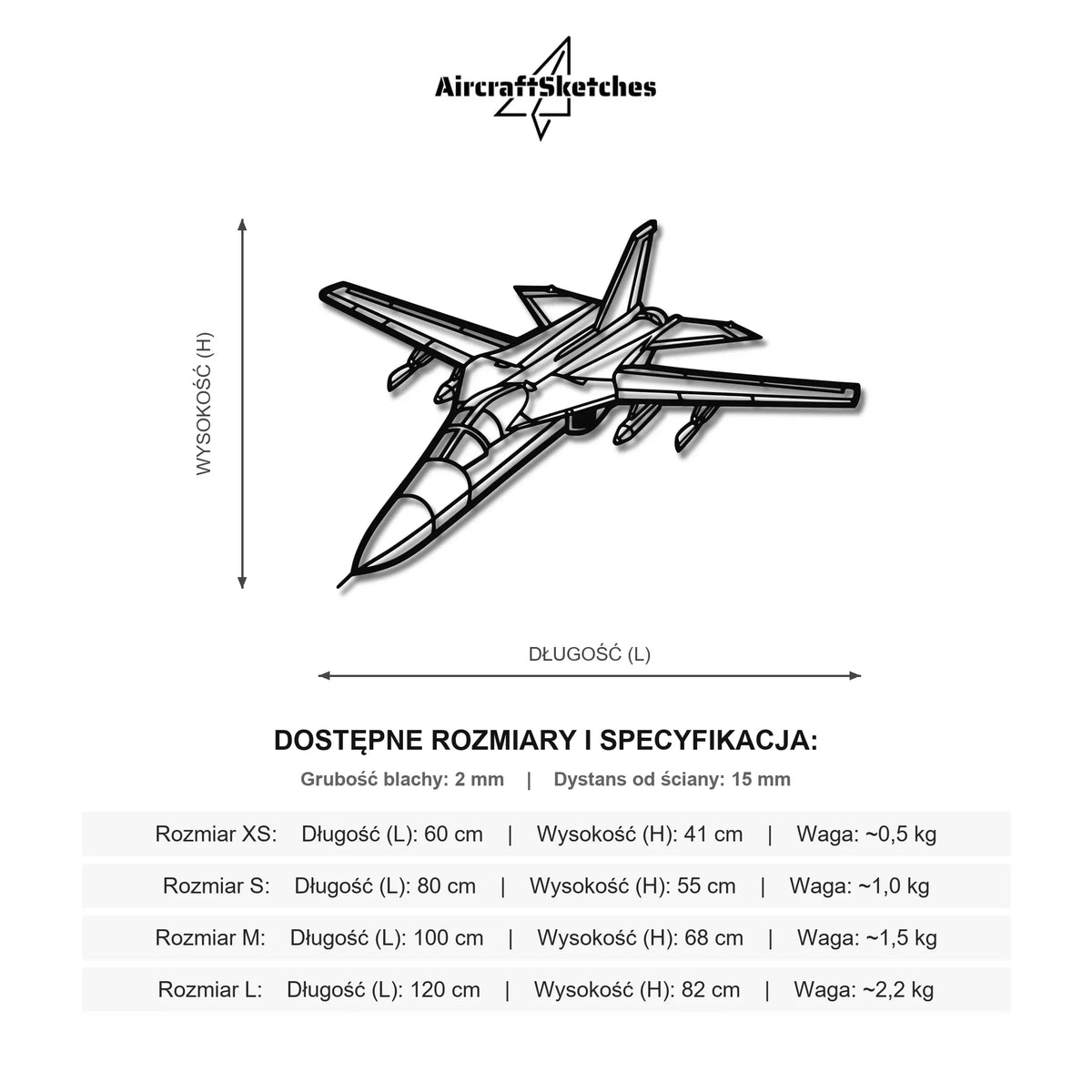 Wymiary i specyfikacja techniczna modelu: F-111A - Metalowa dekoracja ścienna
