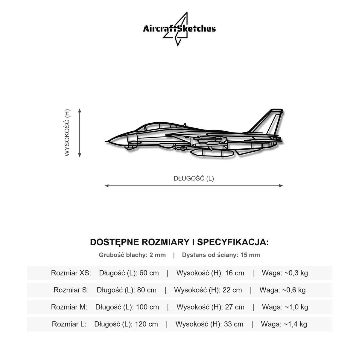 Wymiary i specyfikacja techniczna modelu: McDonnell Douglas F-14 Tomcat Metalowa dekoracja ścienna