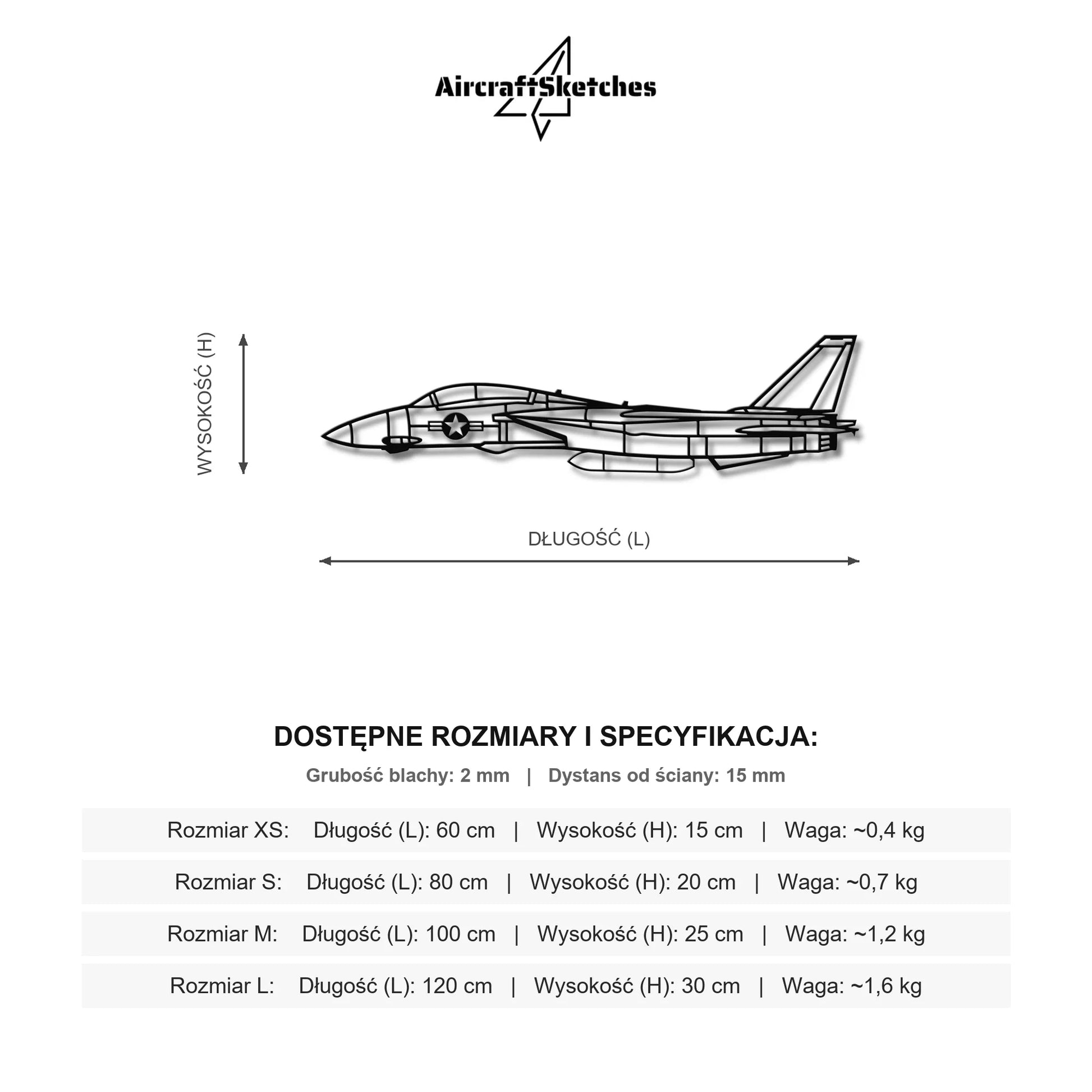 Wymiary i specyfikacja techniczna: F-14 Tomcat – Metalowa sylwetka na ścianę