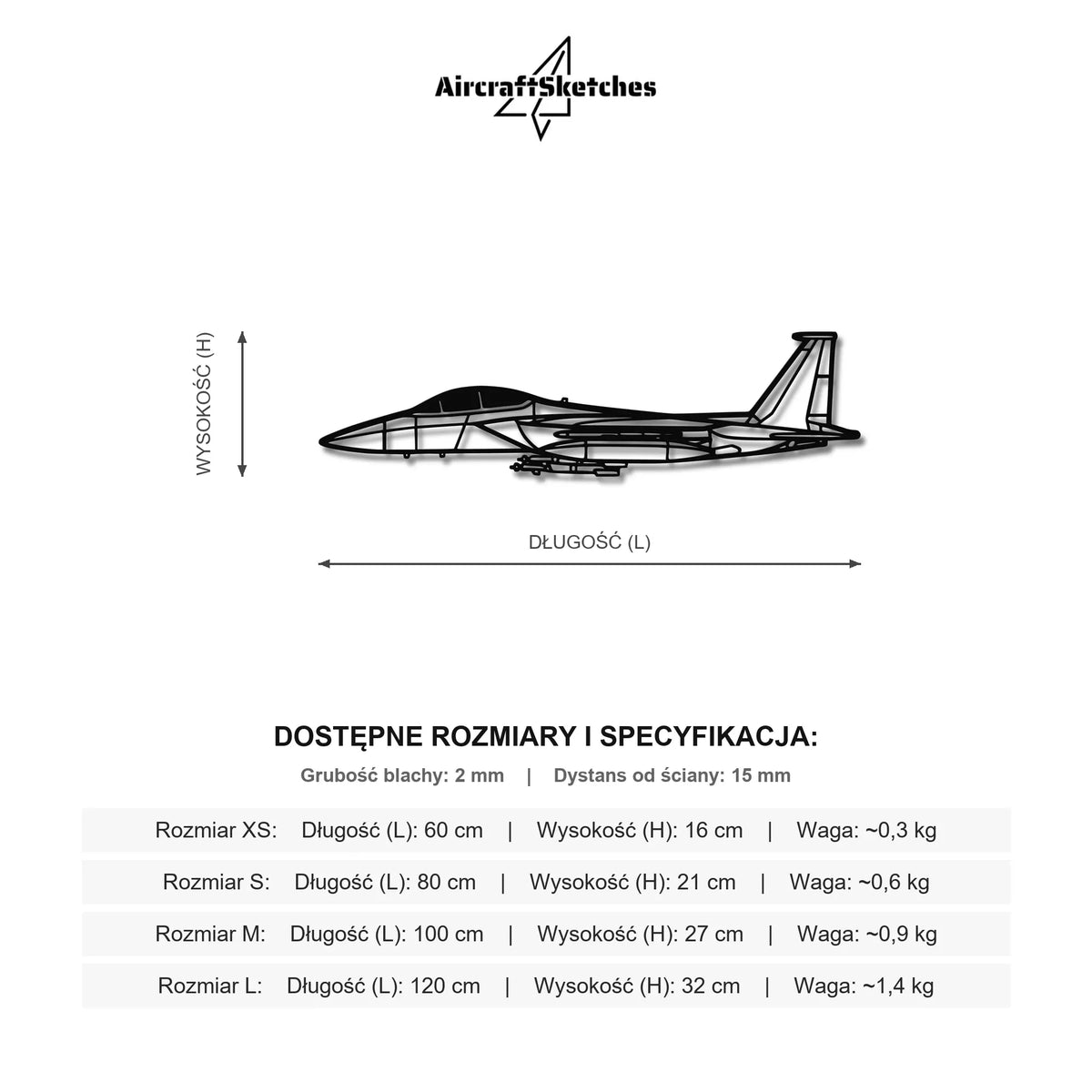 Wymiary i specyfikacja techniczna modelu: McDonnell Douglas F-15E Strike Eagle - Metalowa dekoracja ścienna