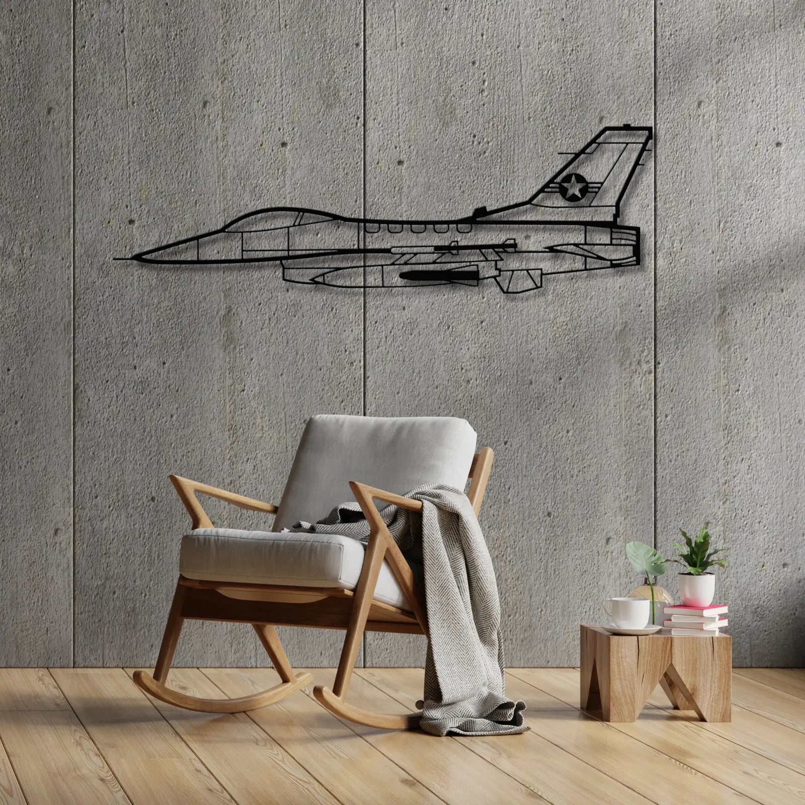 Aranżacja loftowa z wykorzystaniem - F-16 Fighting Falcon – Metalowa sylwetka na ścianę