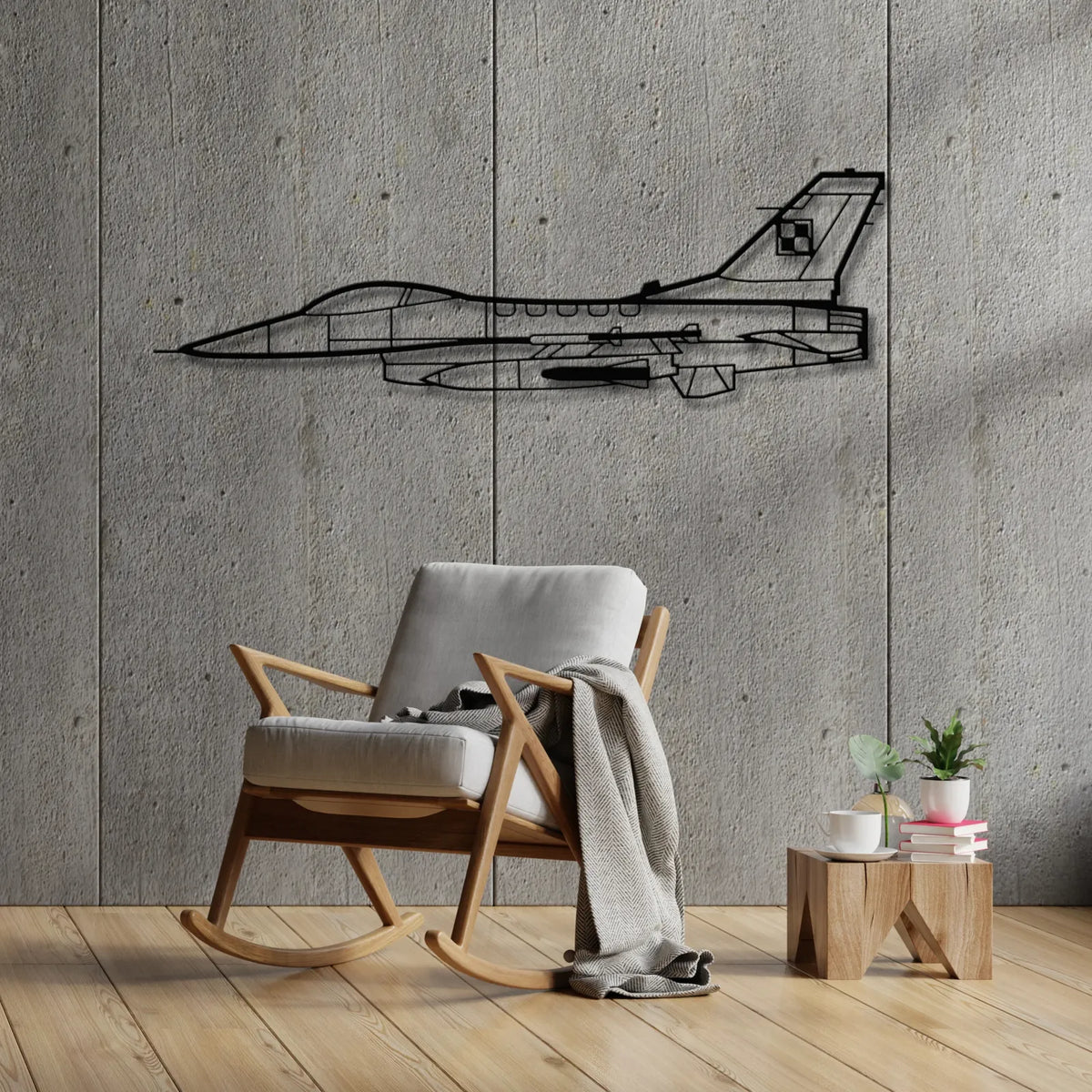 Aranżacja loftowa z wykorzystaniem - F-16 Fighting Falcon (Polska Szachownica) – Metalowa sylwetka na ścianę