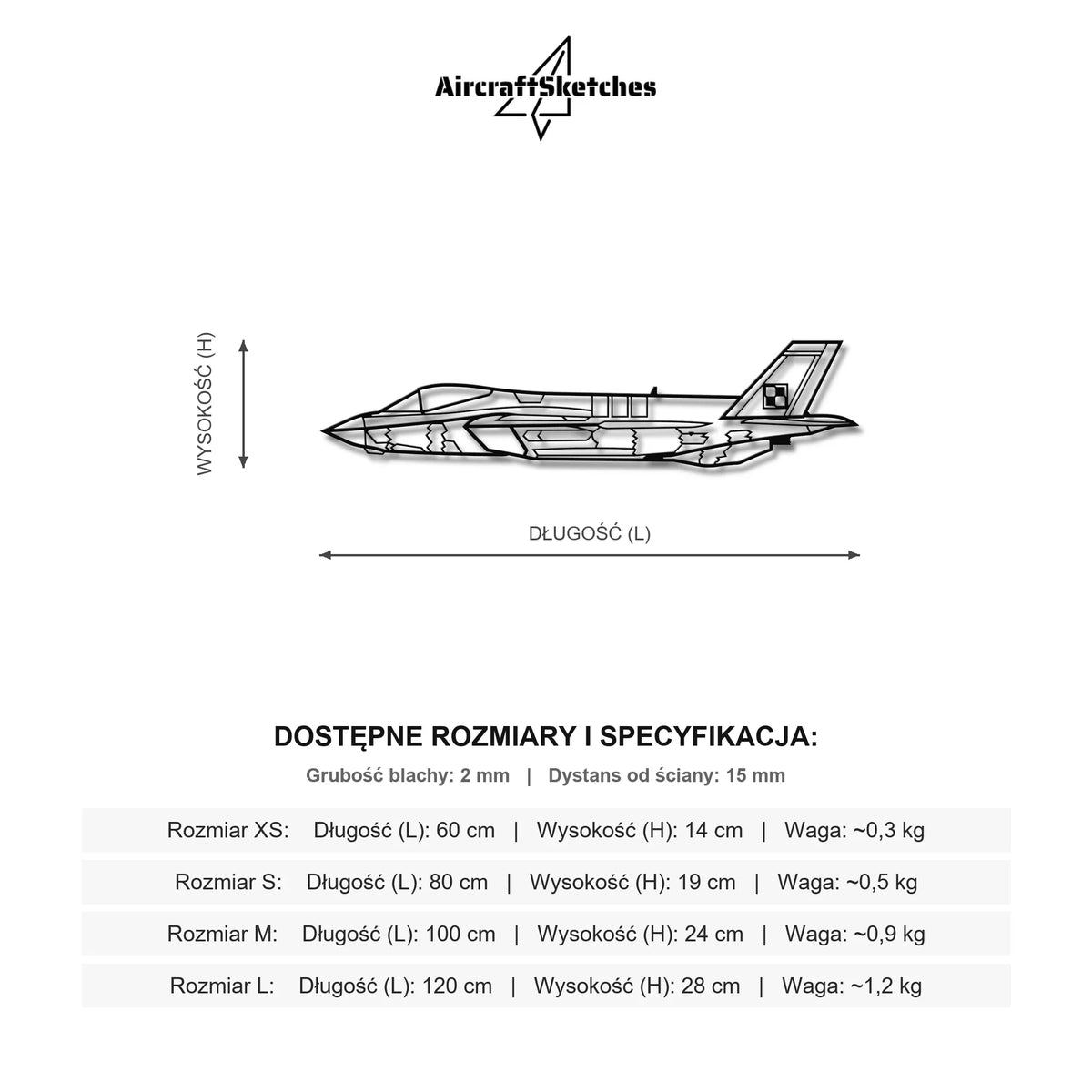 Wymiary i specyfikacja techniczna: F-35 Lightning II (Polska Szachownica) – Metalowa sylwetka na ścianę