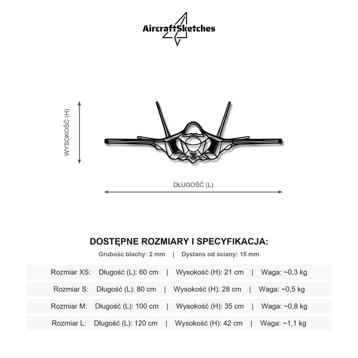 Wymiary i specyfikacja techniczna modelu: F-35C Lightning II - Metalowa dekoracja ścienna