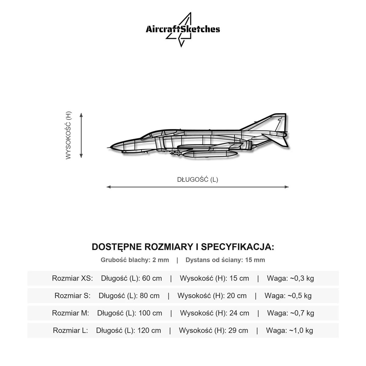 Wymiary i specyfikacja techniczna modelu: McDonnell Douglas F-4E Phantom - Metalowa dekoracja ścienna