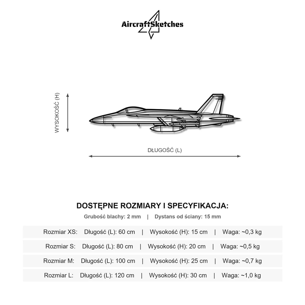 Wymiary i specyfikacja techniczna modelu: McDonnell Douglas F/A-18 Hornet - Metalowa dekoracja ścienna